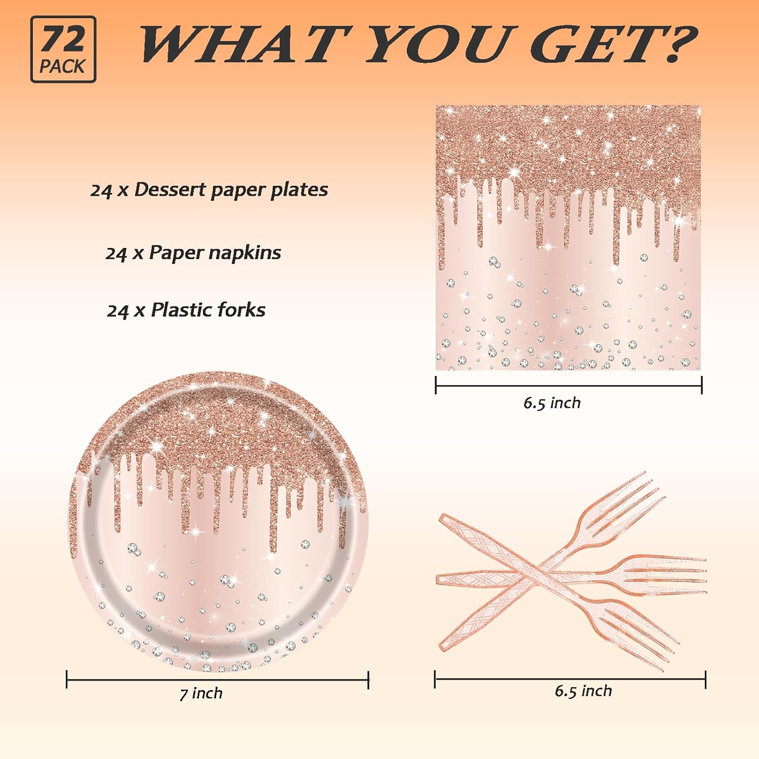 72 Pcs Rose Gold Party Tableware Set for 24 Guests