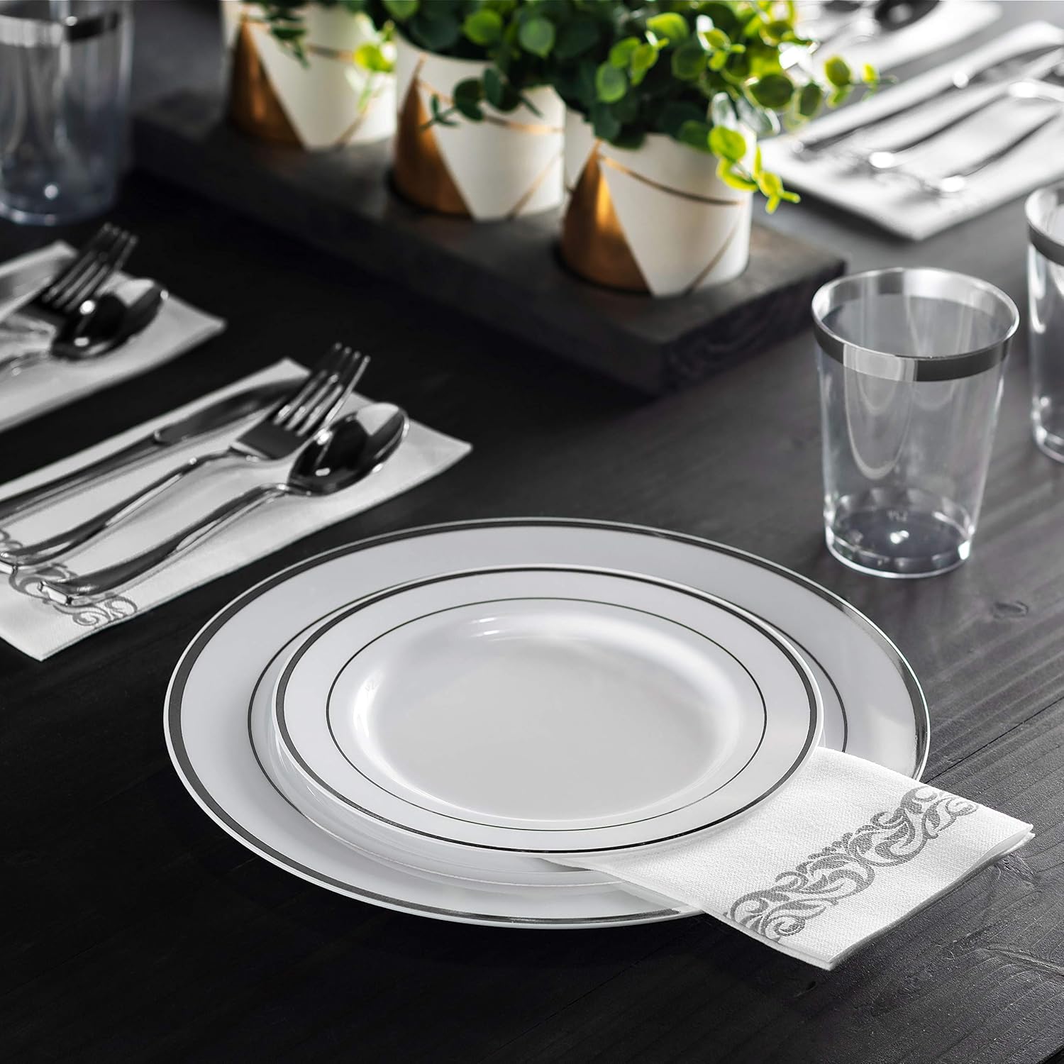 100 Silver Plastic Plates Set for Party Wedding