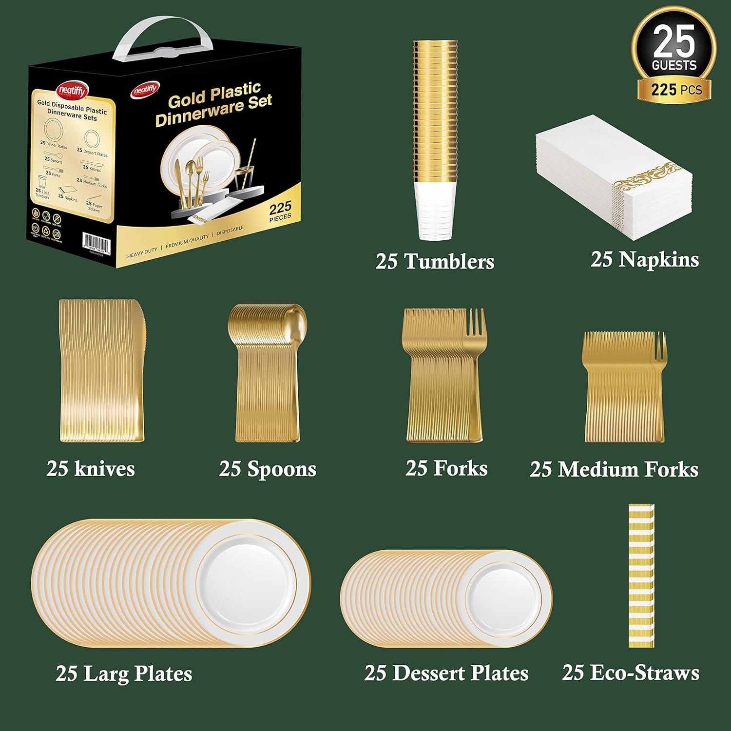 Neatiffy 225 Pcs Gold Rim Plastic Dinnerware Set For 25 Guests