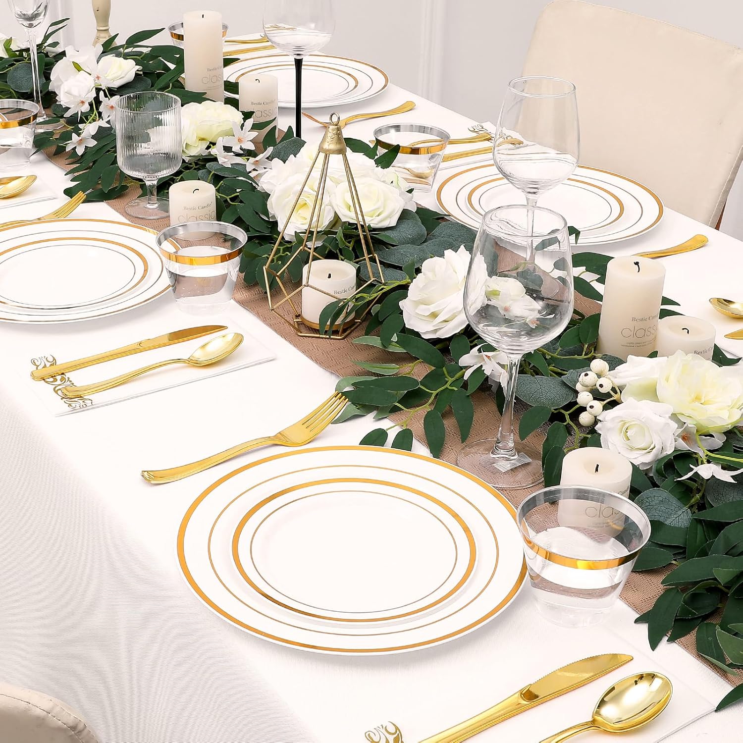 350-Piece Gold Rim Plastic Dinnerware Set for 50 Guests