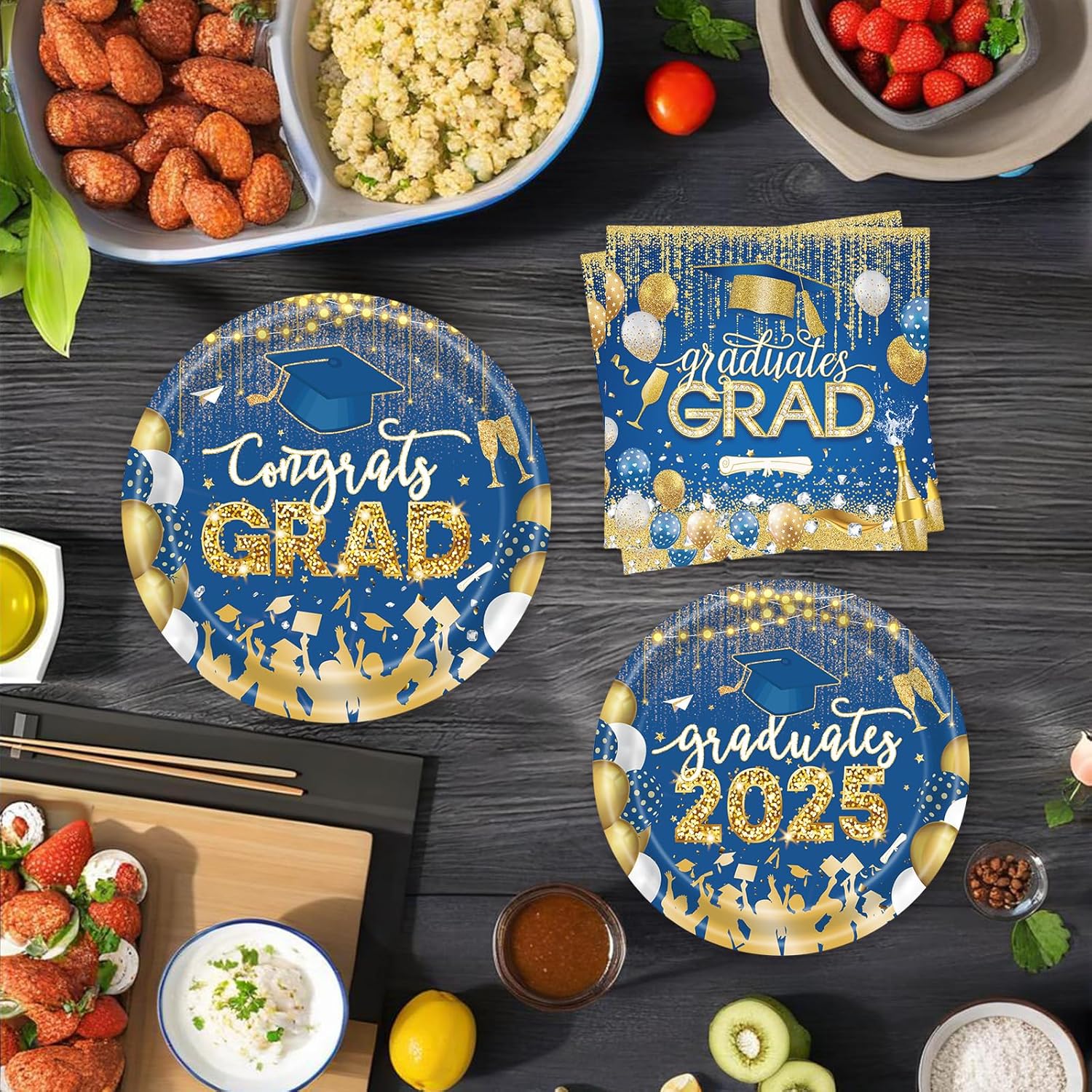 60 PCS Graduation Party Plates Napkins Decor Set Blue Gold
