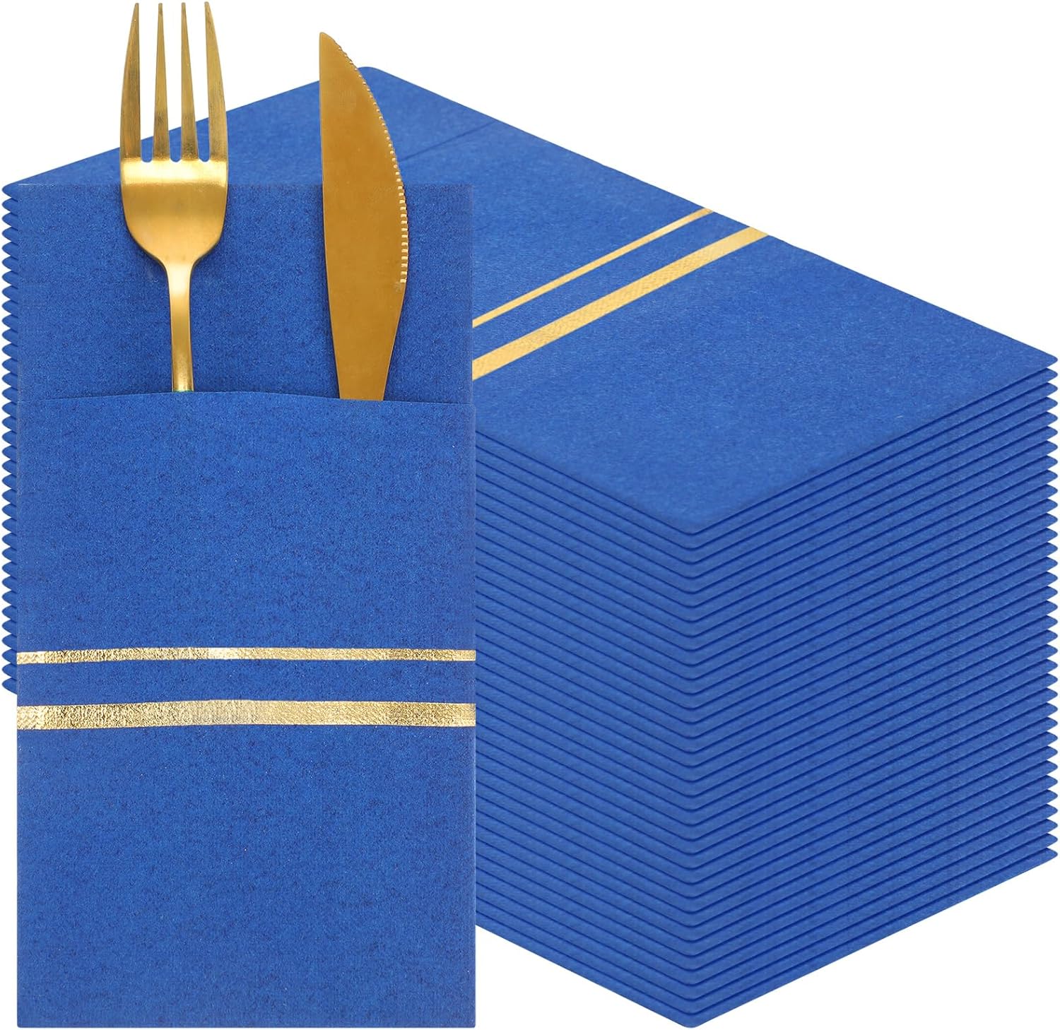 Roshtia 100 Pack Gold Trim Dinner Napkins with Flatware Pocket