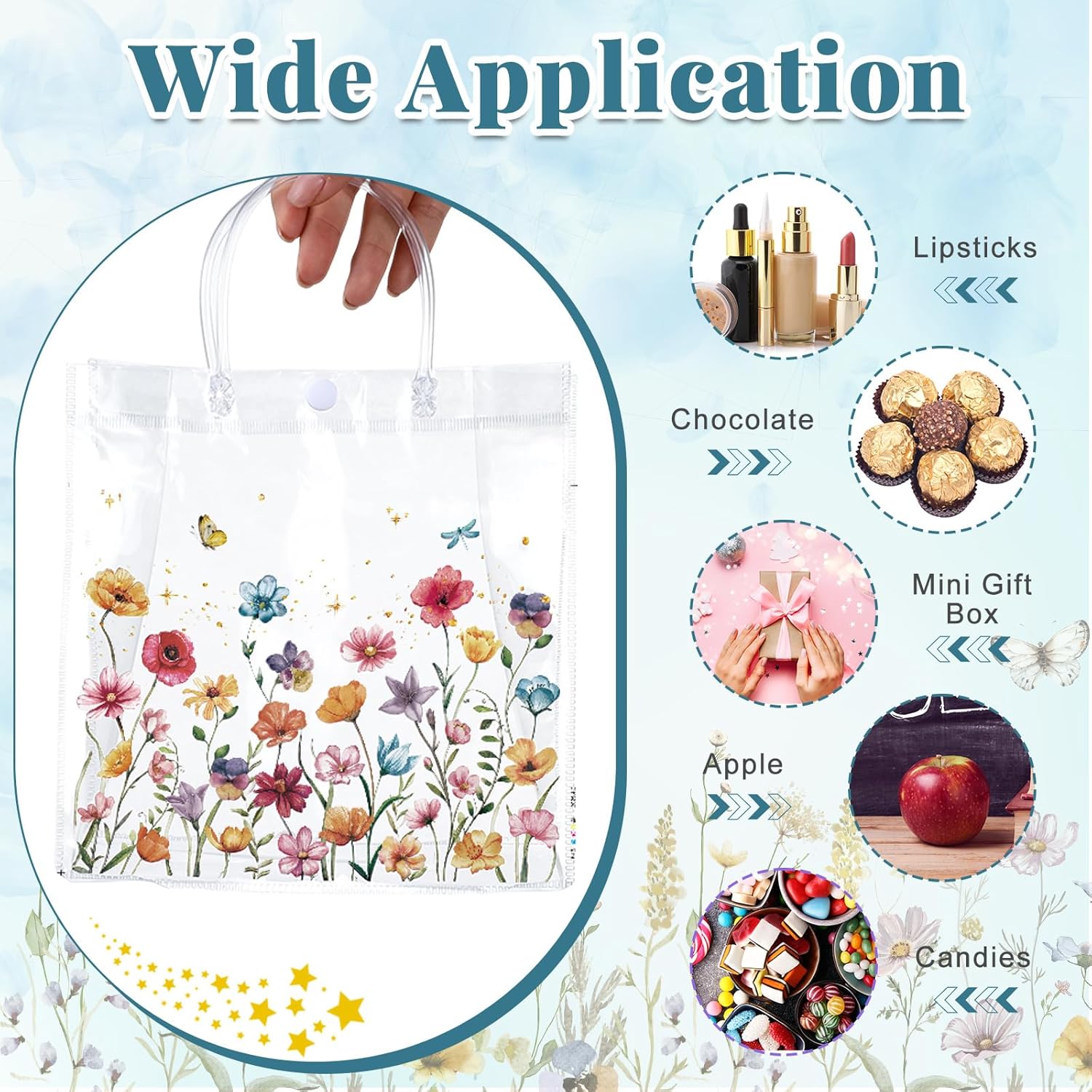 Kacctyen 24 Pcs Wildflower Clear Gift Bags with Handles