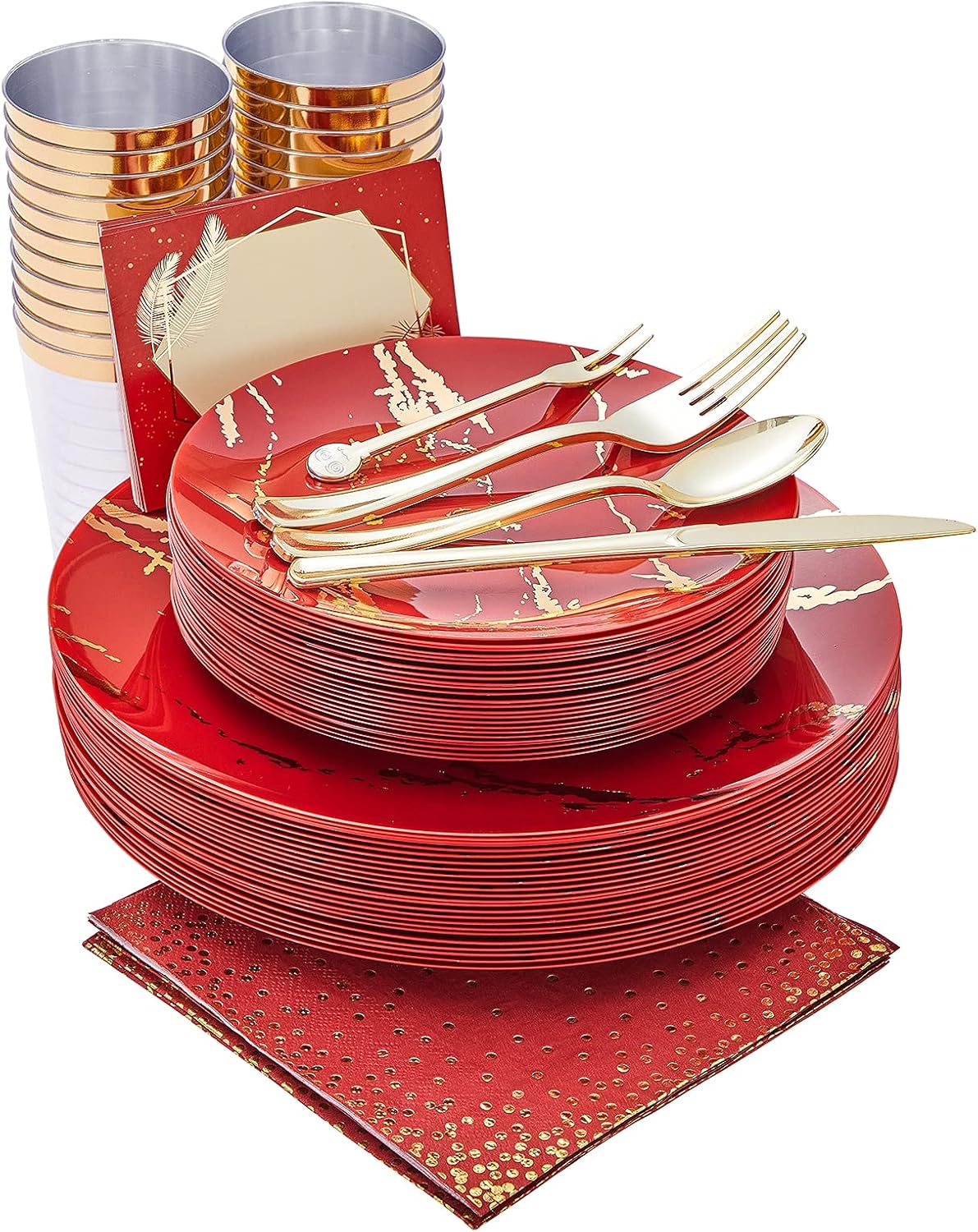 N9R 225PCS Red Gold Plastic Dinnerware Set