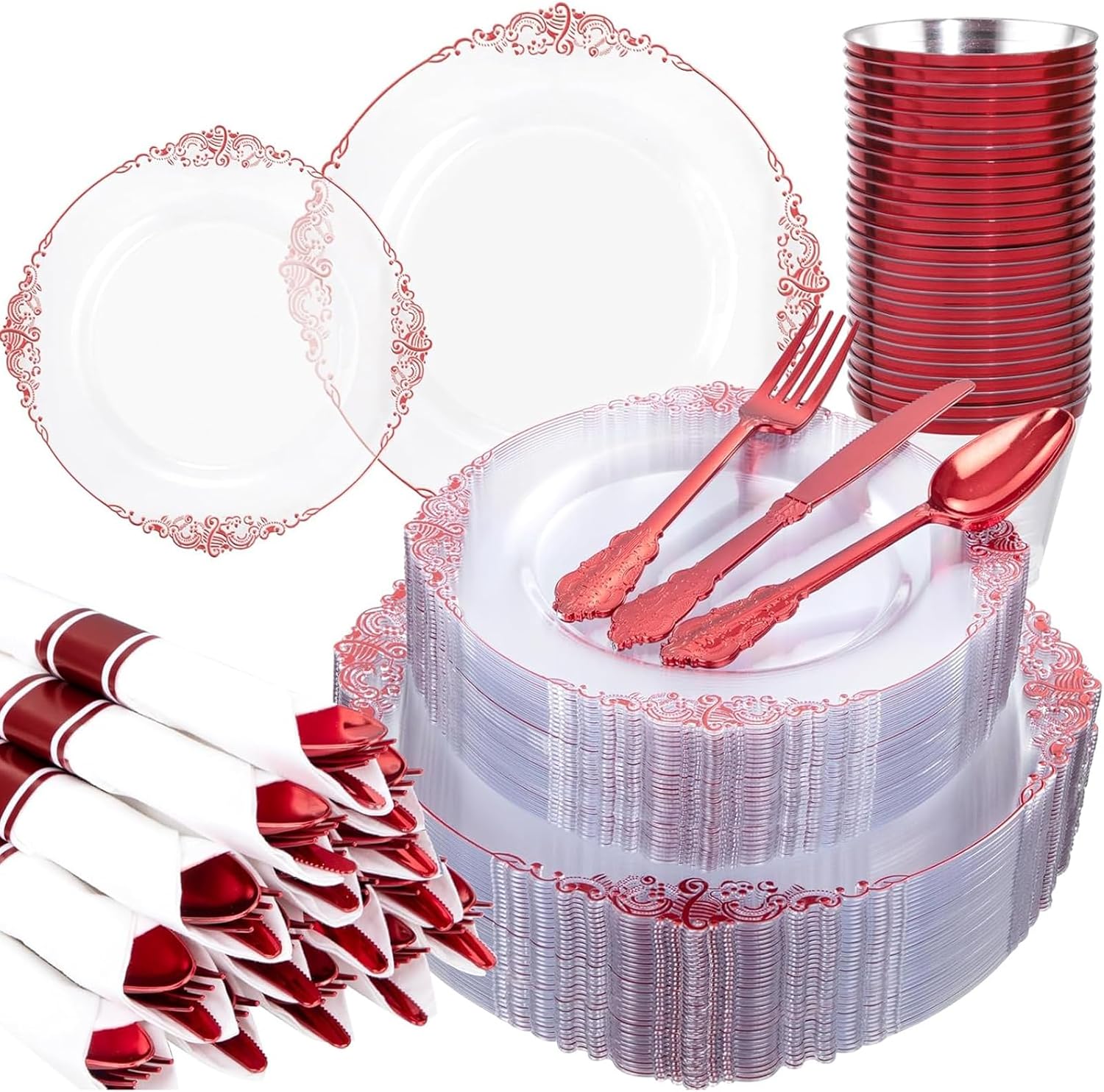 Hioasis 350pcs Clear Red Plates for 50 Guests