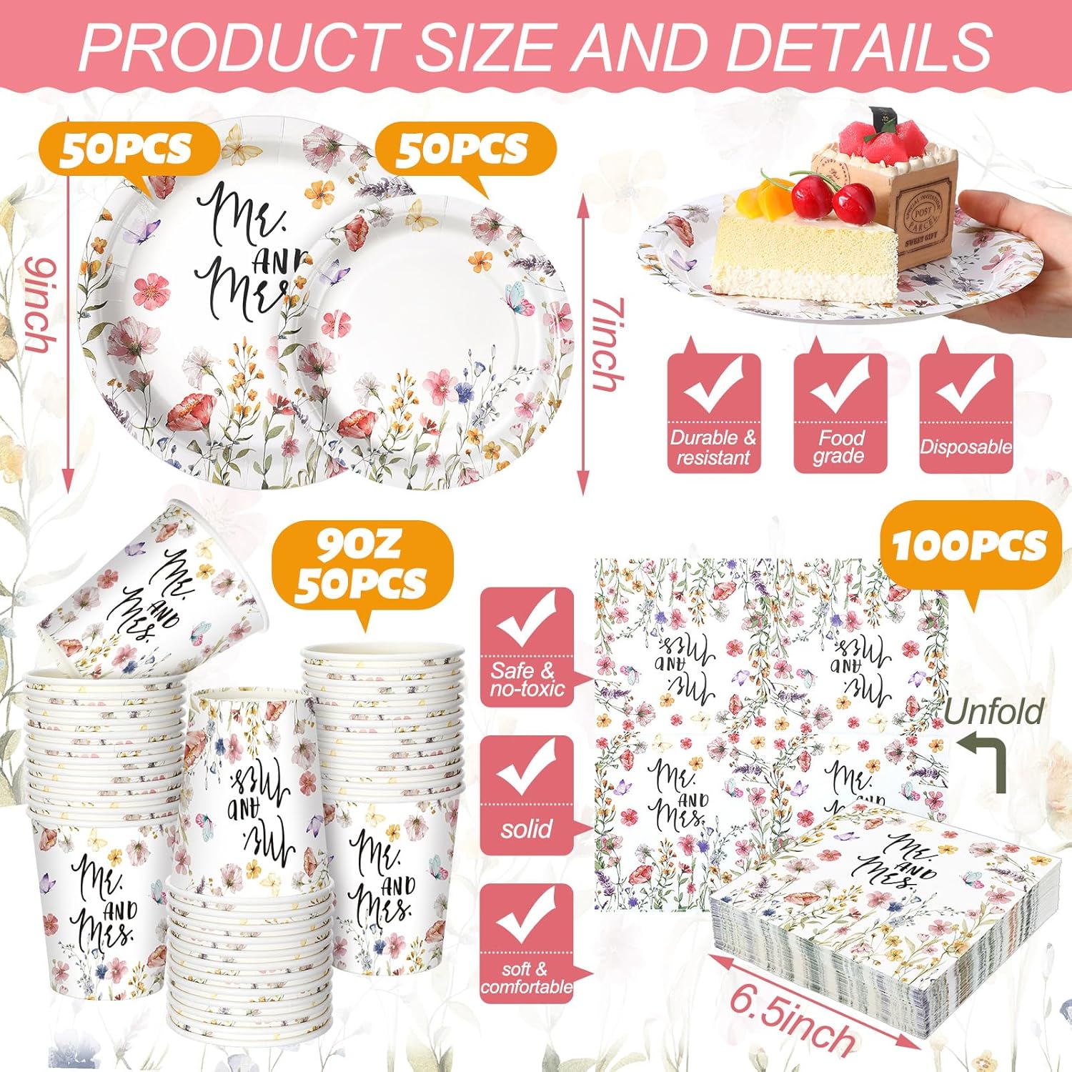 Zhehao 250 Pcs Mr And Mrs Bridal Shower Plates Napkins Set