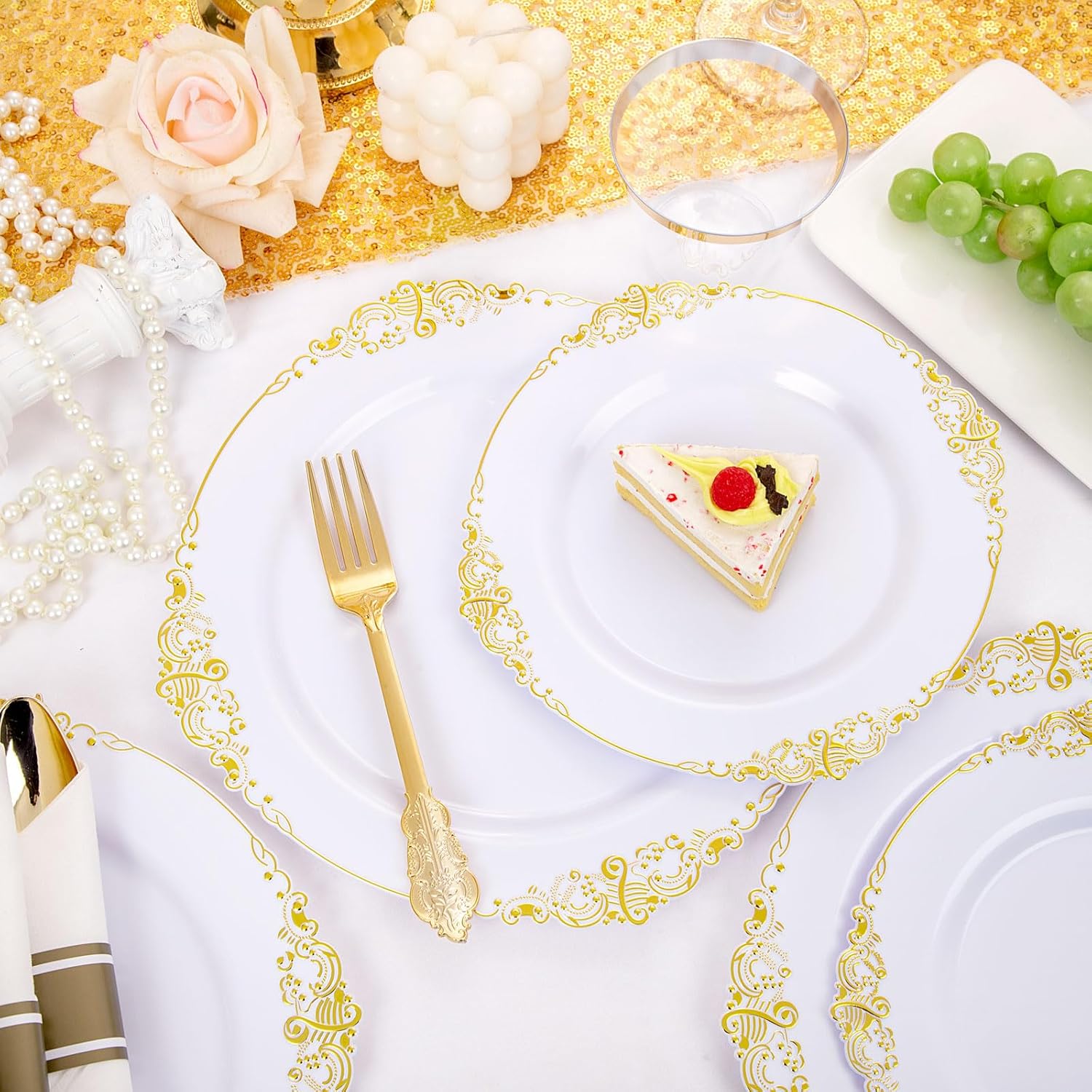 Nervure 175PCS Gold Plastic Plates for 25 Guests Wedding Party Supplies