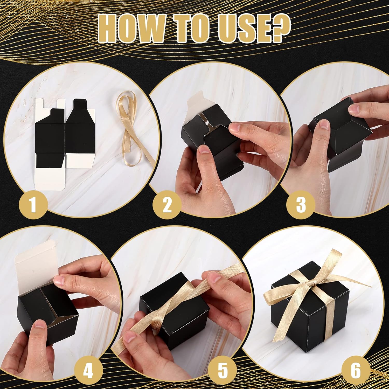 Jutom 100 Pcs Mini Favor Boxes Black Gold Ribbon Gift Wrapping