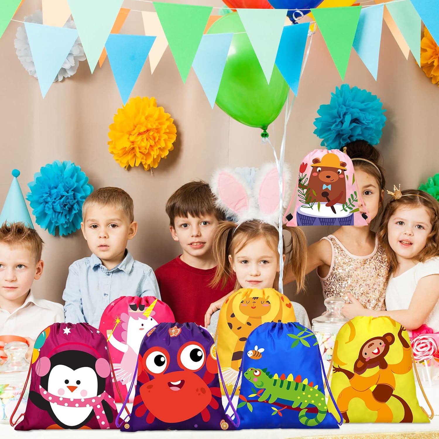 WILLBOND 24 Pack Safari Animal Drawstring Gift Bags for Kids