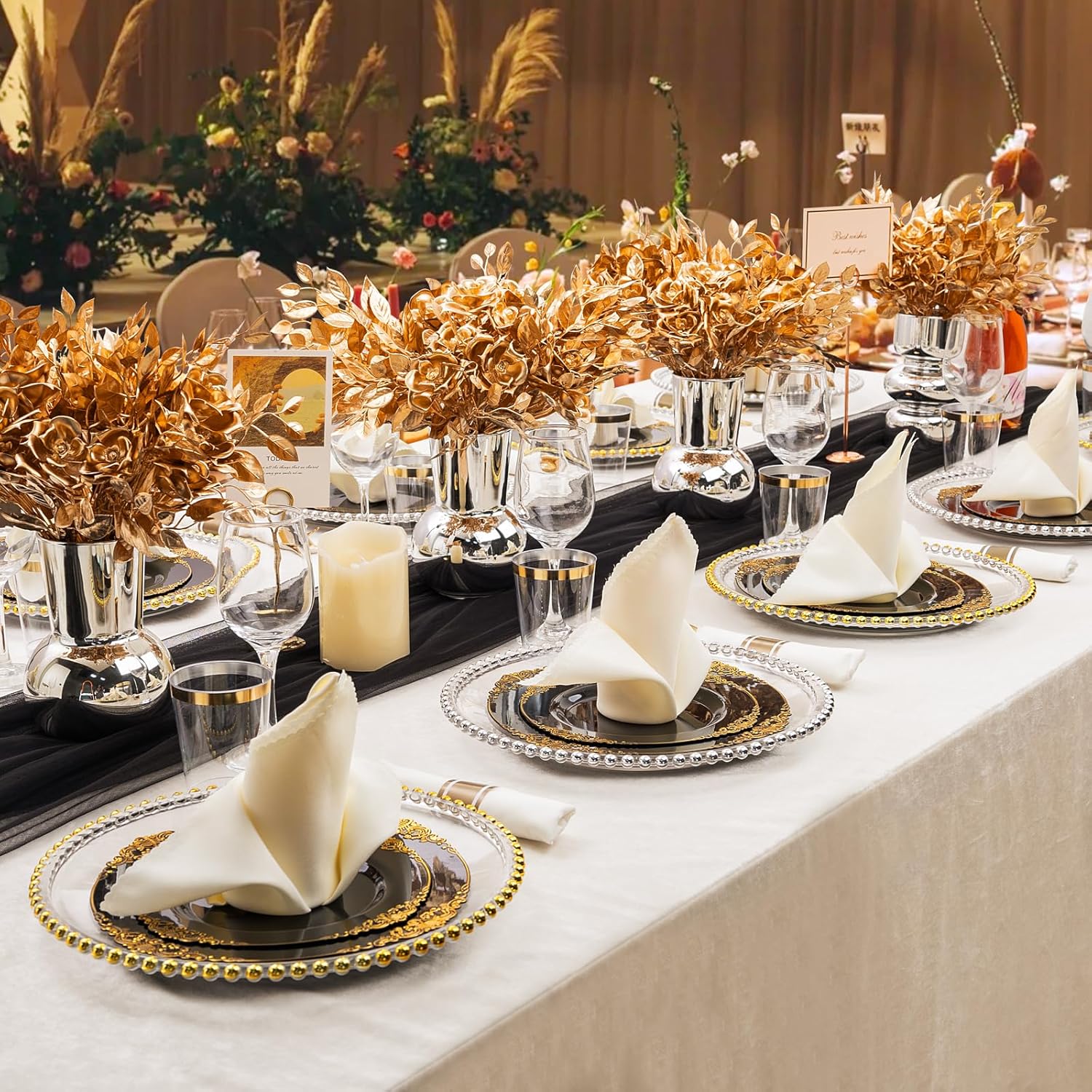 Hioasis 350pcs Black and Gold Plastic Plates Set for 50 Guests