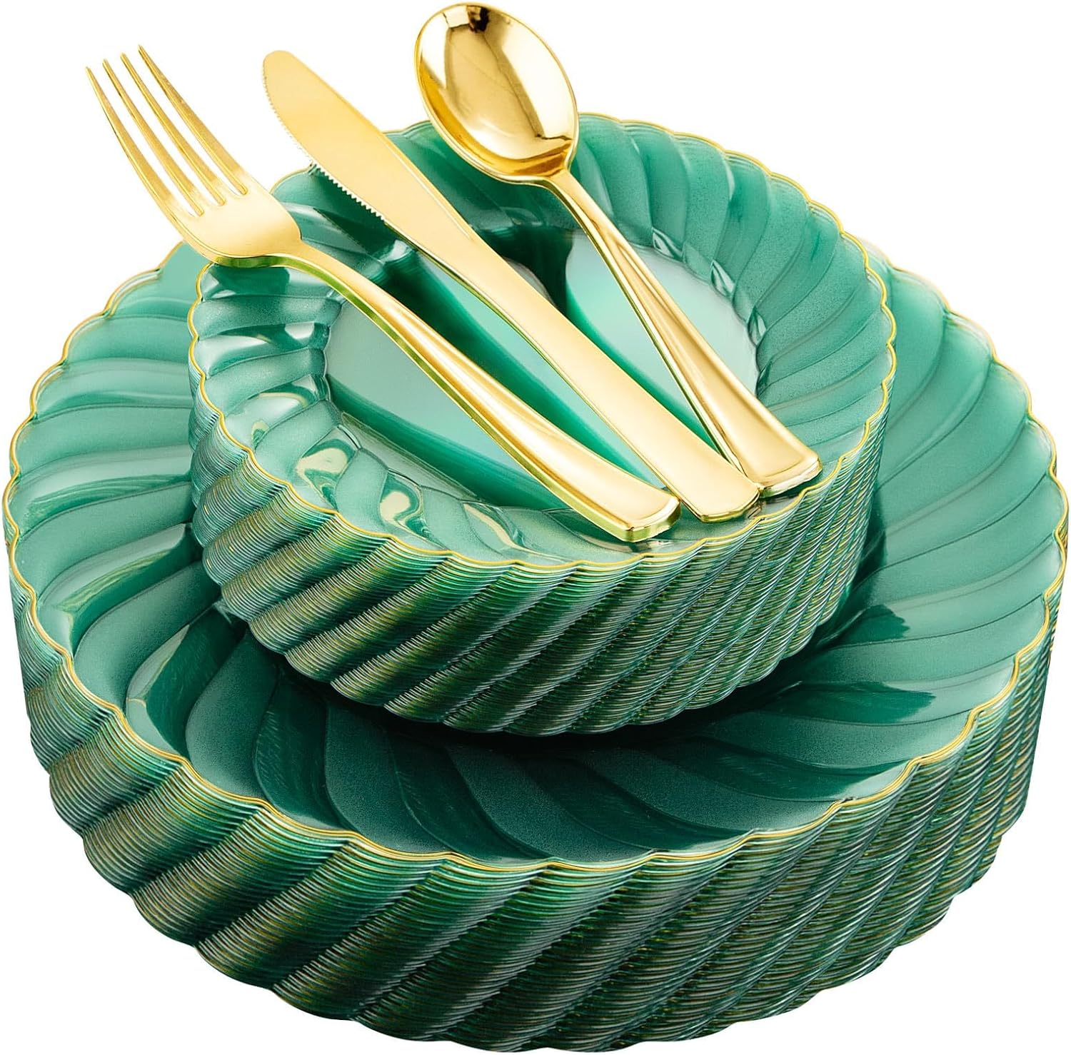 YOUBET 125PCS Clear Green Plastic Plates with Gold Rim