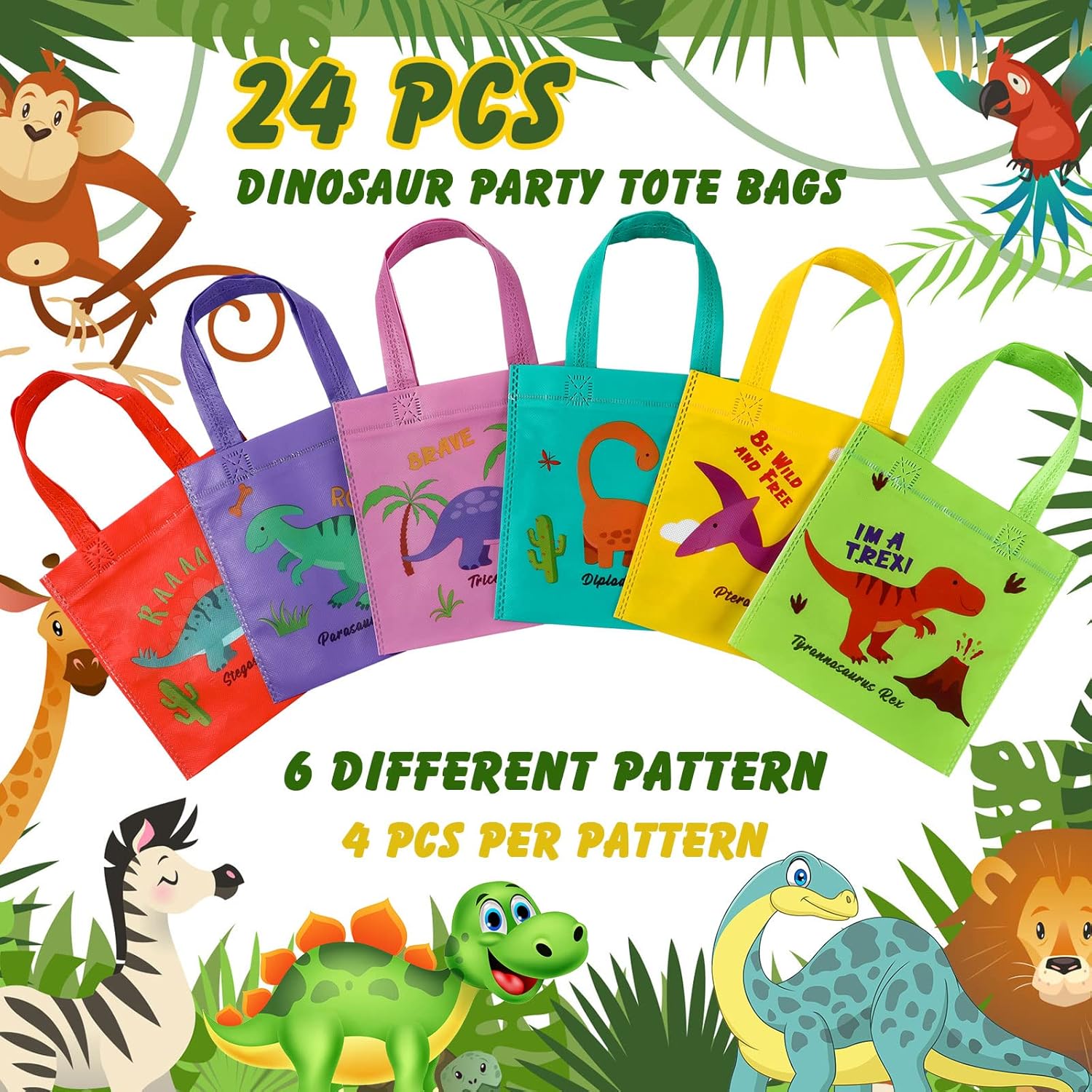 Tallew 24 Dinosaur Party Favor Bags with Handles Reusable