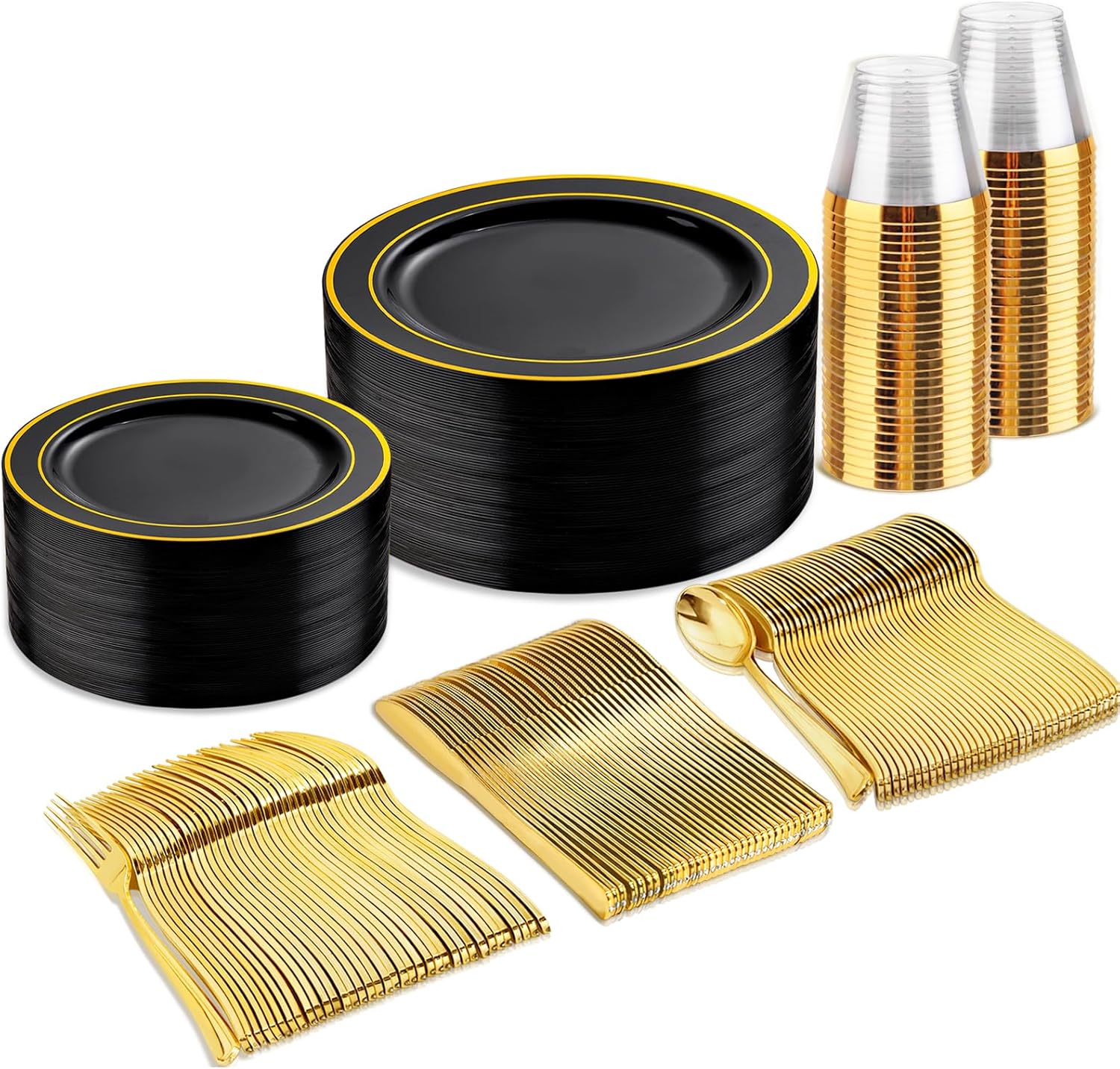 bUCLA 150 Piece Black and Gold Disposable Dinnerware Set for 25 Guests