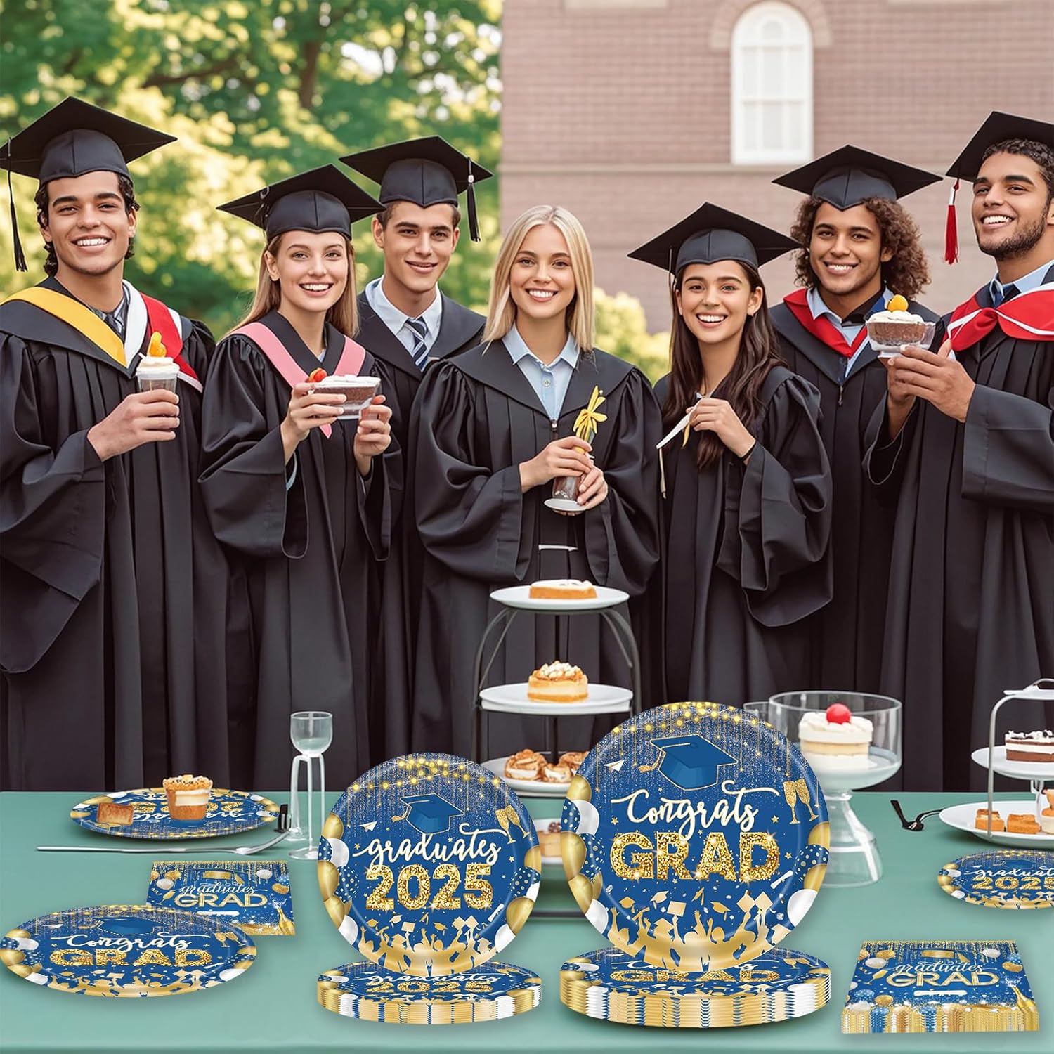 60 PCS Graduation Party Plates Napkins Decor Set Blue Gold