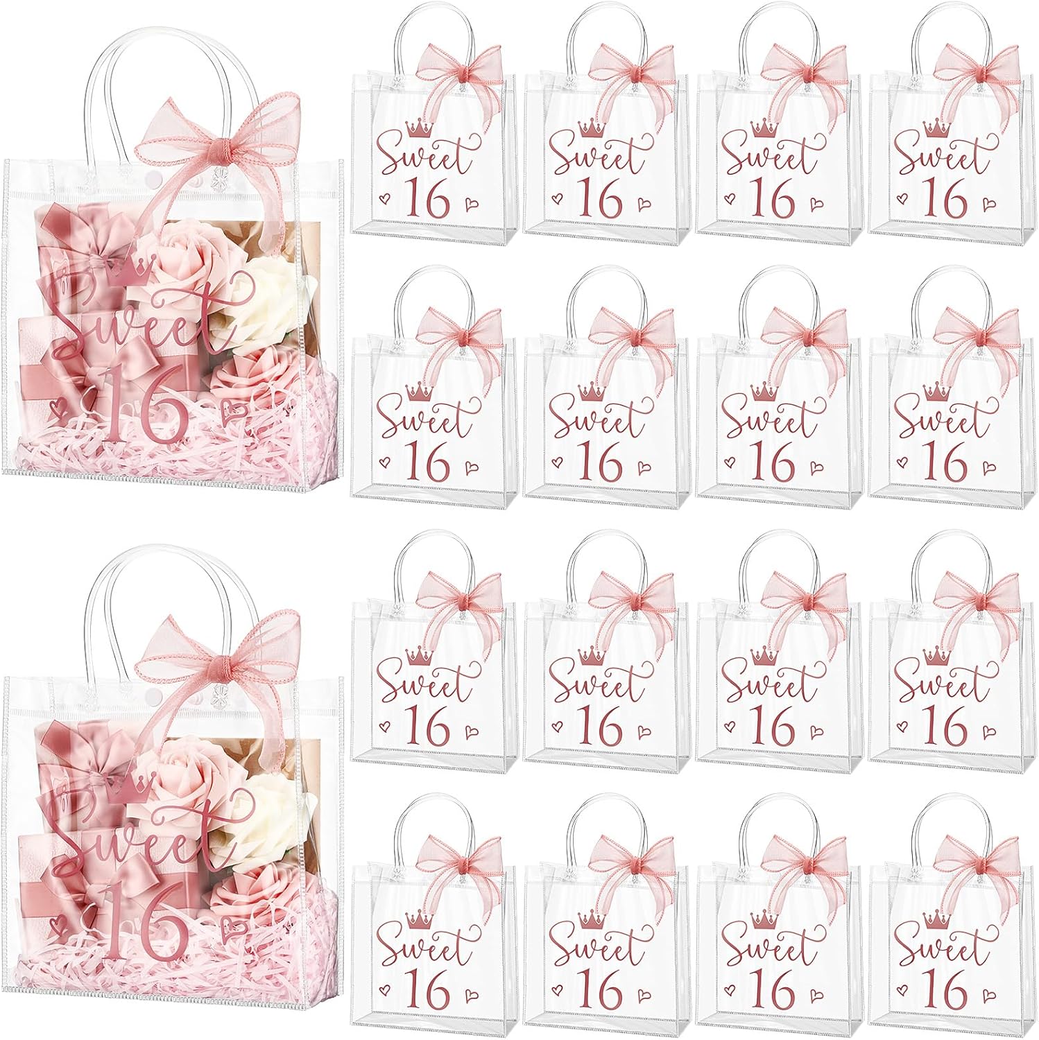 Sweetude 18 Pcs Clear Pink Gift Bags with Handles and Ribbons