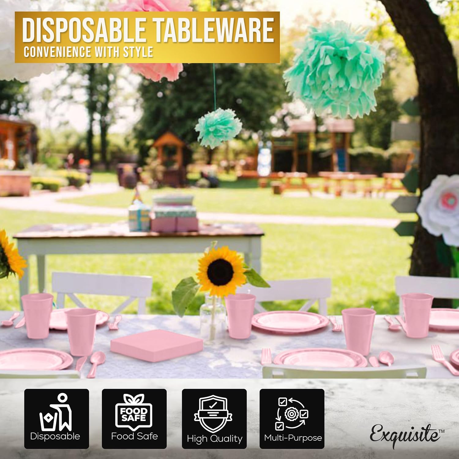 350 Pcs Pink Plastic Plates Set for Parties