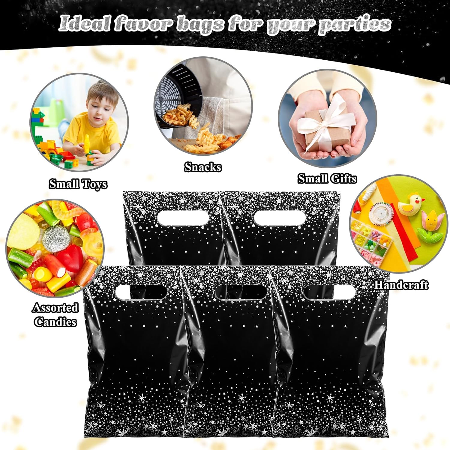 Pasimy 50 Pcs Black and Silver Gift Bags with Handles for Parties