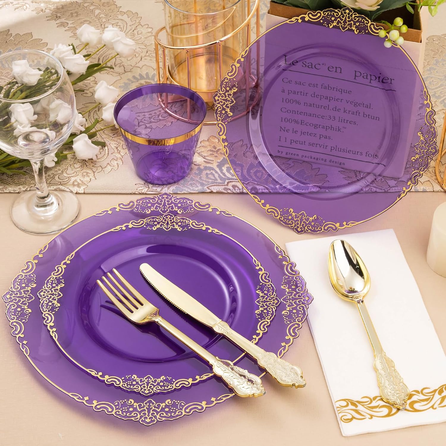 350PCS Clear Purple Plastic Plates with Gold Trim for 50 Guests