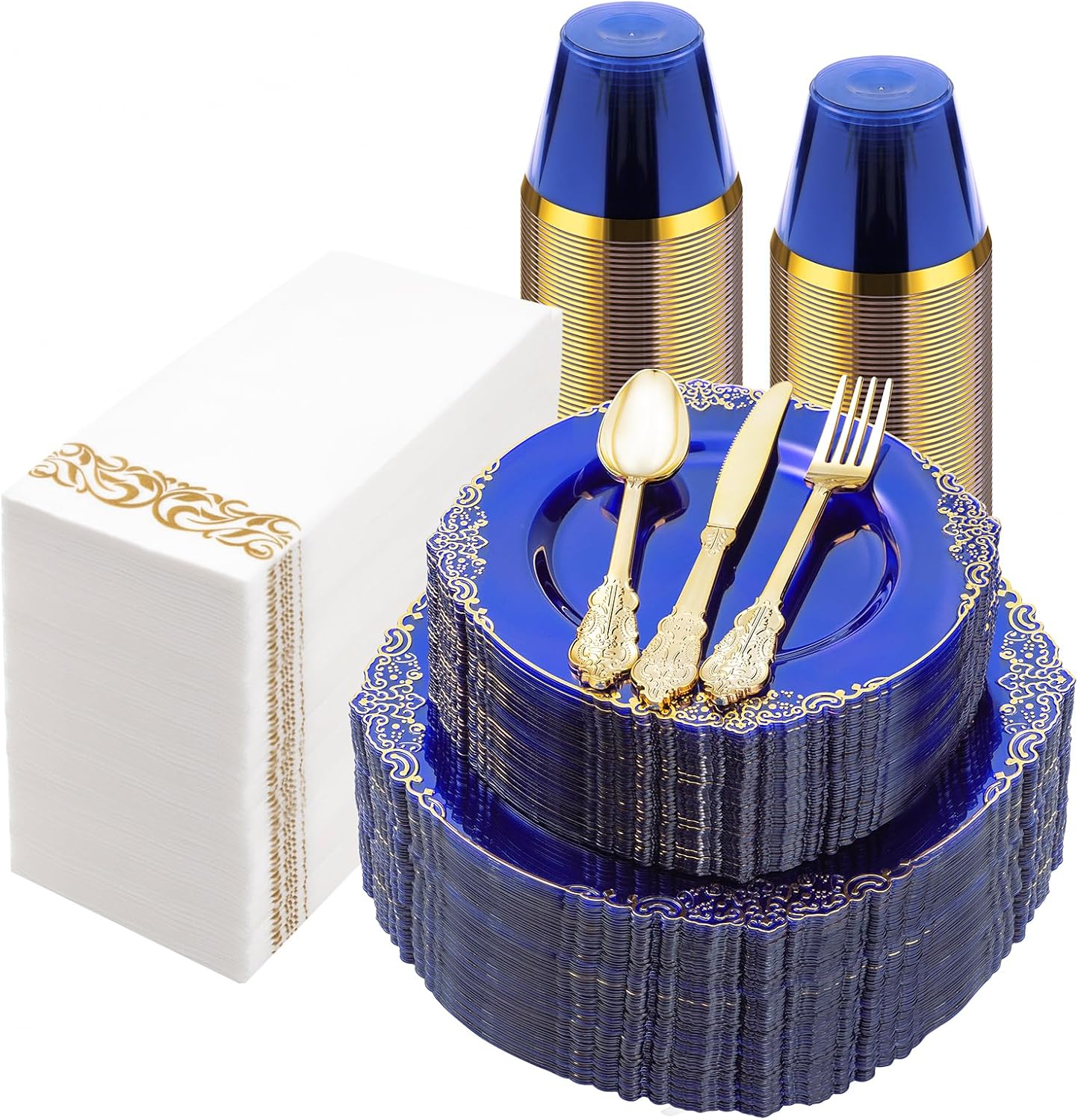 350PCS Clear Blue Plastic Plates with Gold Trim for 50 Guests