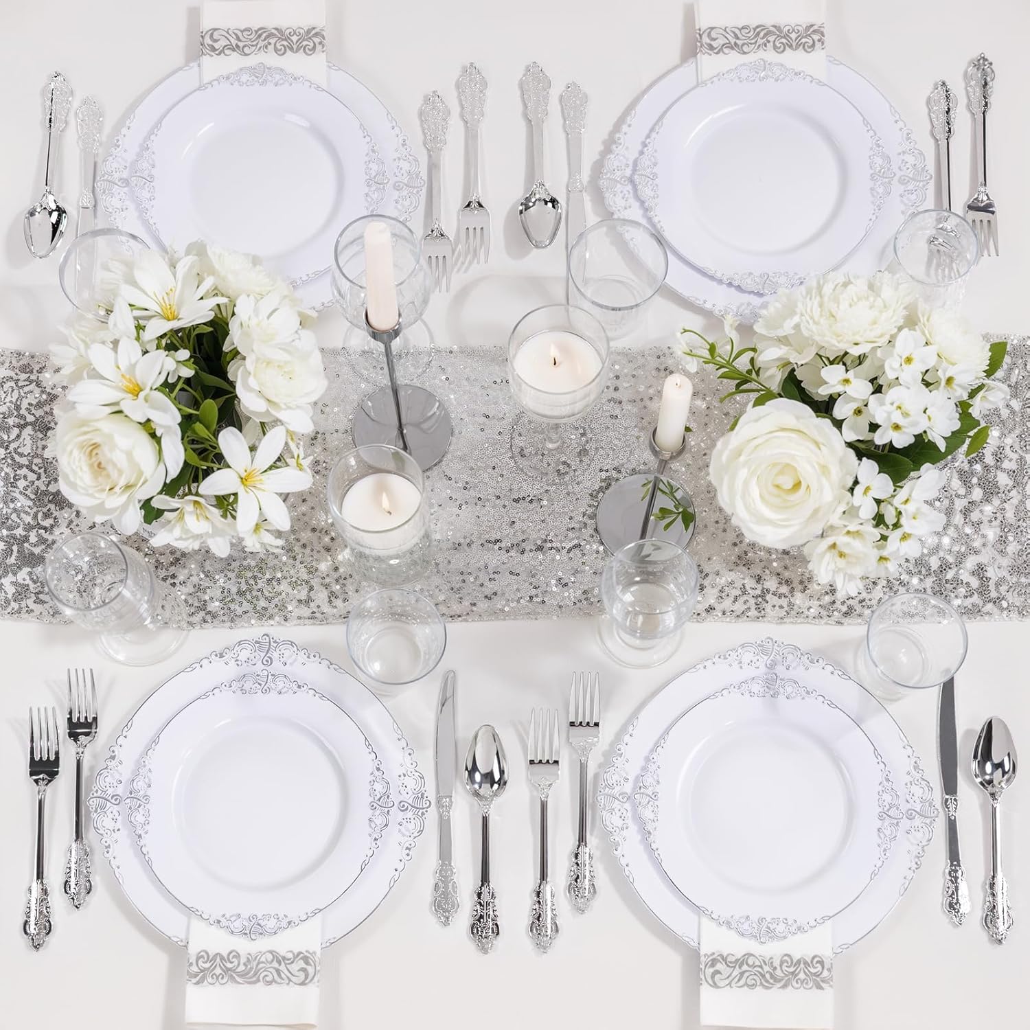 Nervure 175PCS Silver Plastic Plates for 25 Guests