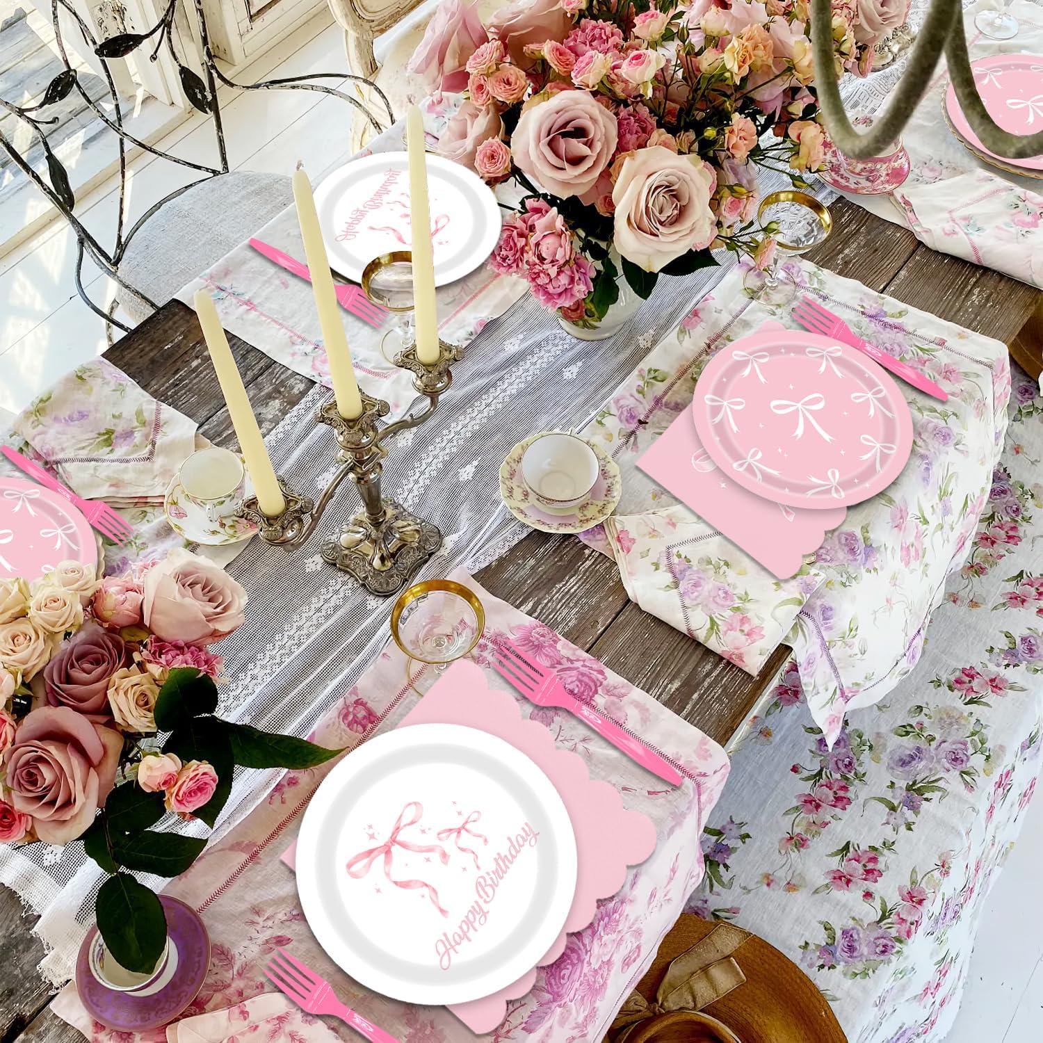 96 Pack Bow Paper Plates and Napkins Set for Birthday Parties