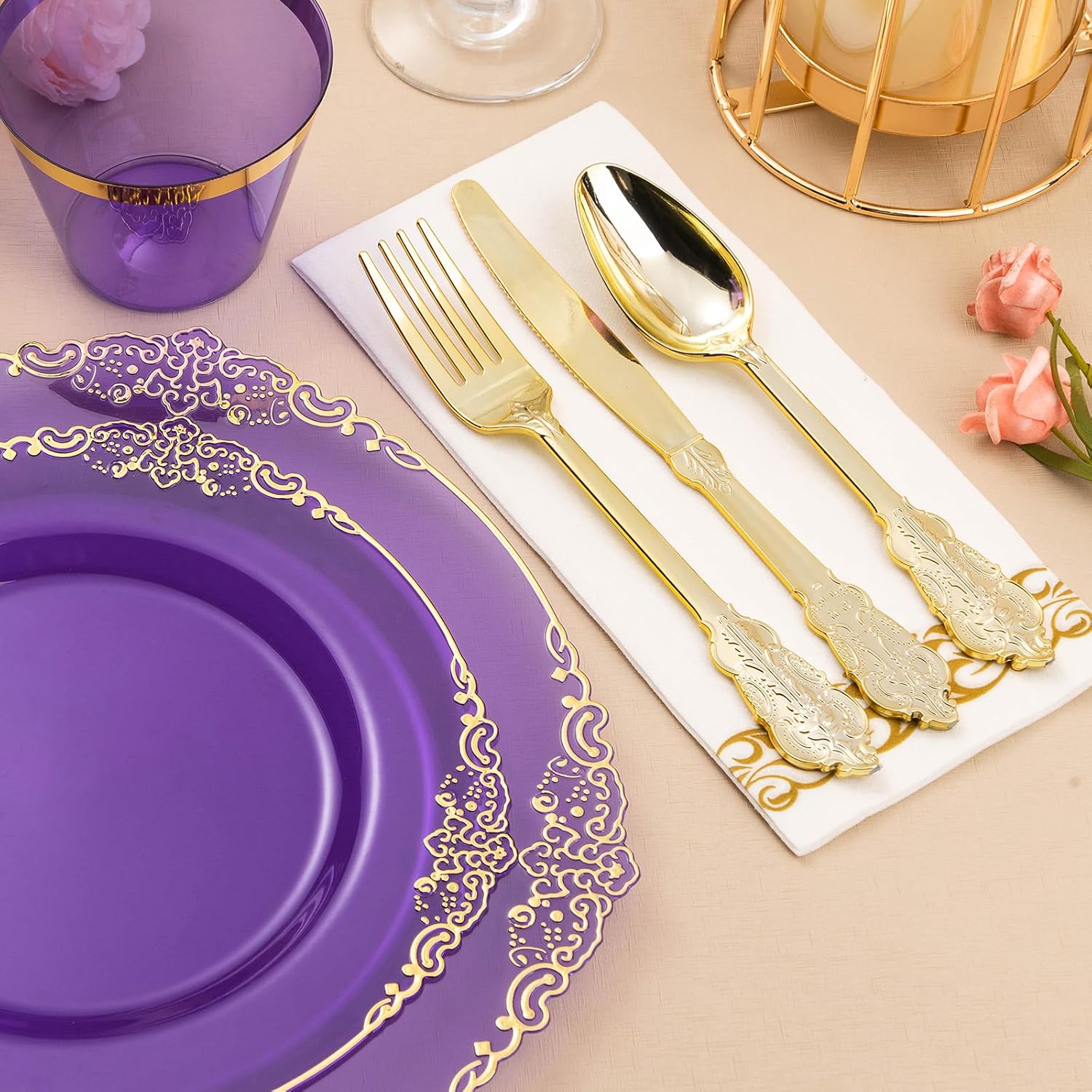 350PCS Clear Purple Plastic Plates with Gold Trim for 50 Guests