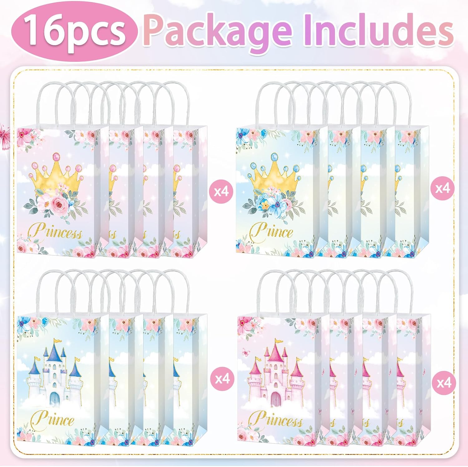 16Pcs Princess Prince Party Bags with Handles