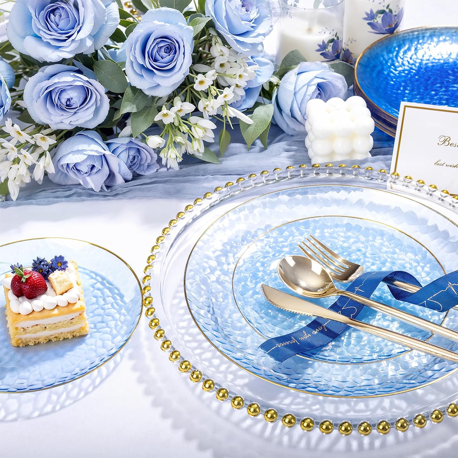 Rubtlamp 100 Pcs Blue Gold Plastic Plates - 10 Inch