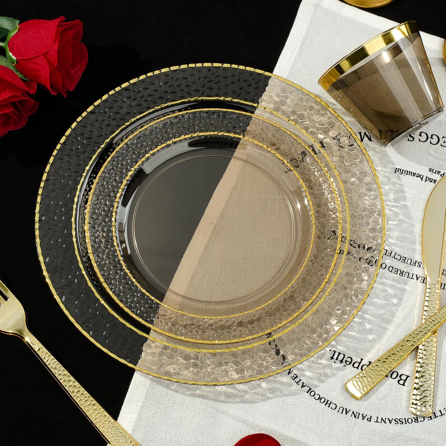 350PCS Clear Black Plastic Plates for 50 Guests