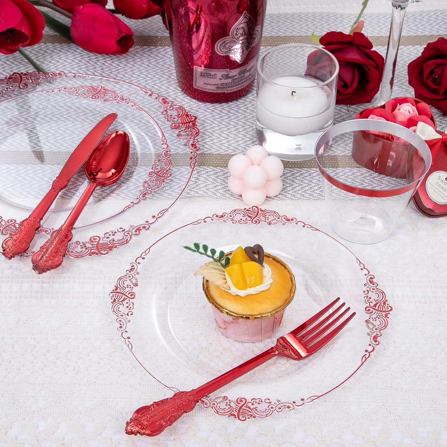 Hioasis 350pcs Clear Red Plates for 50 Guests