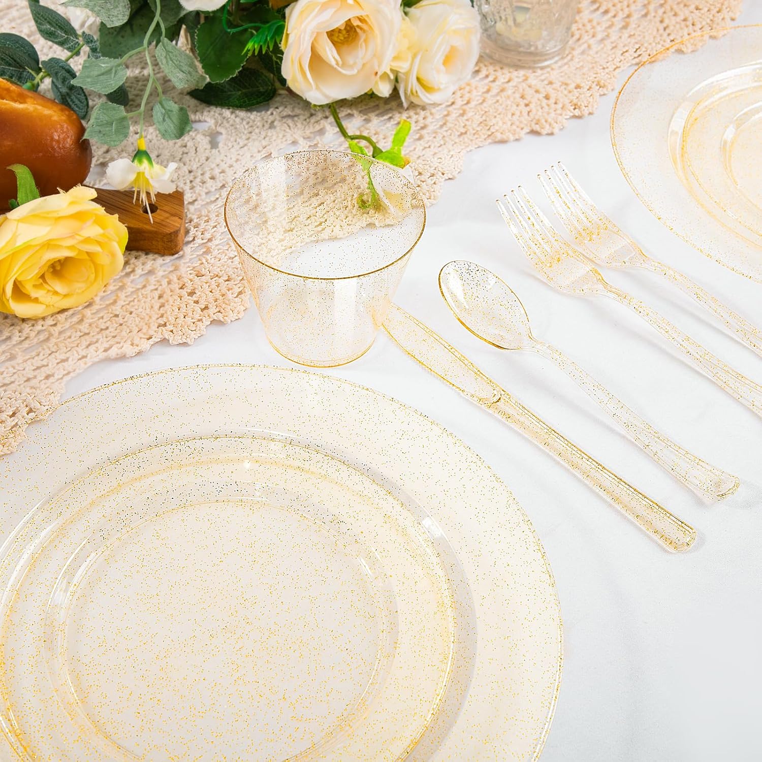 WELLIFE 300 PCS Gold Glitter Dinnerware Set for 50 Guests
