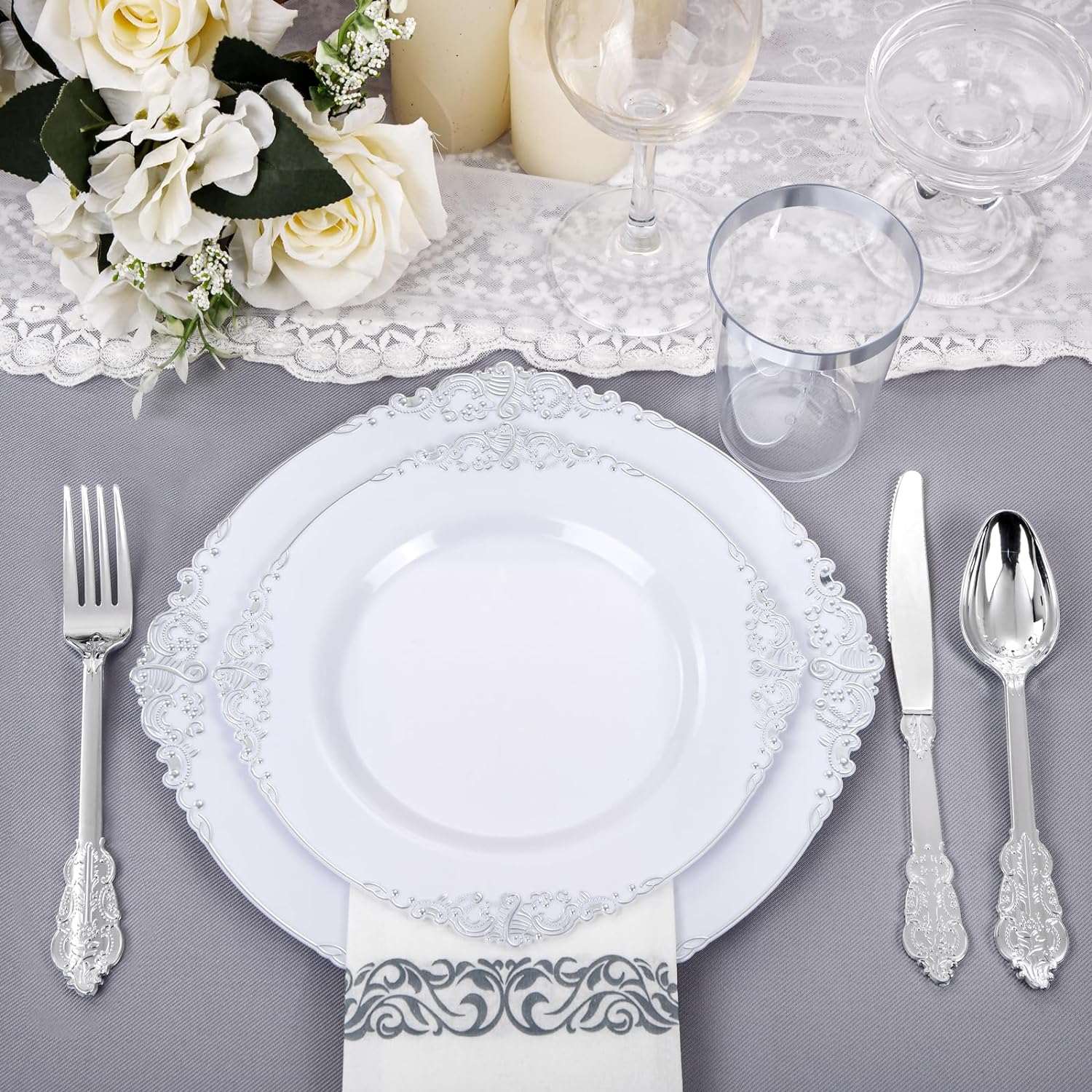 Nervure 350PCS Silver Plastic Dinnerware Set