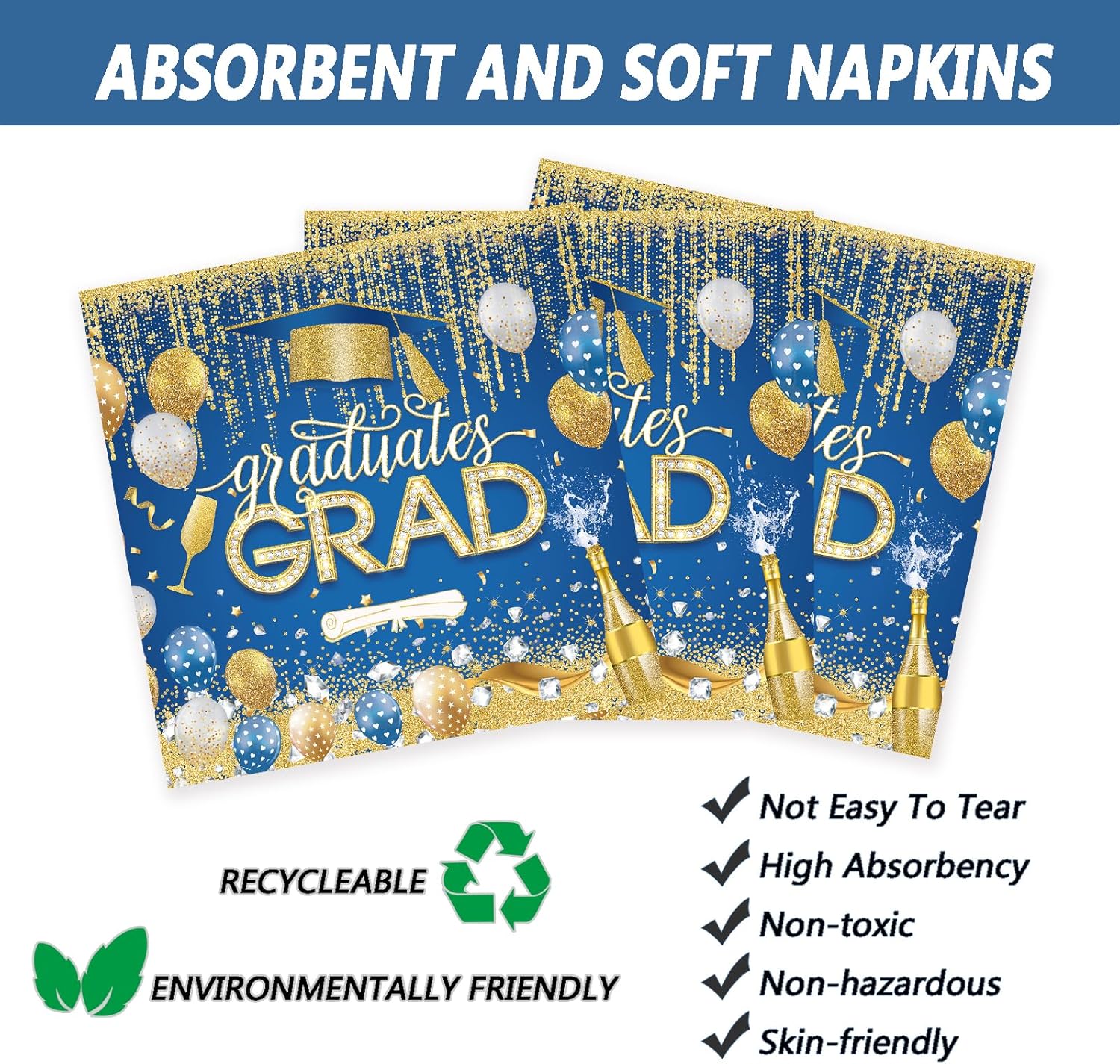 60 PCS Graduation Party Plates Napkins Decor Set Blue Gold