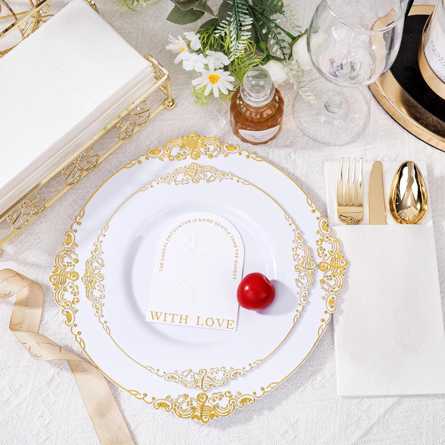 102PCS White and Gold Plastic Plates for Weddings Parties