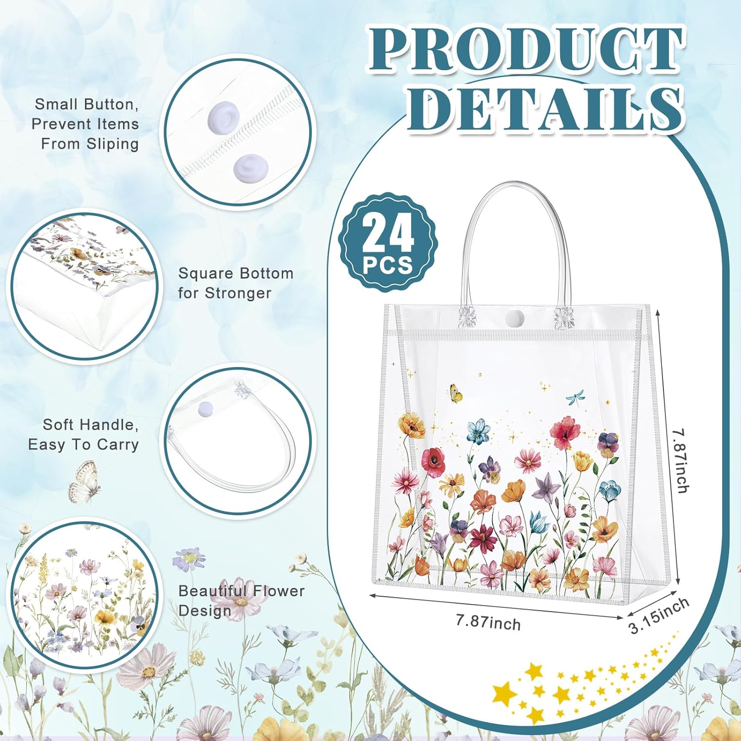 Kacctyen 24 Pcs Wildflower Clear Gift Bags with Handles