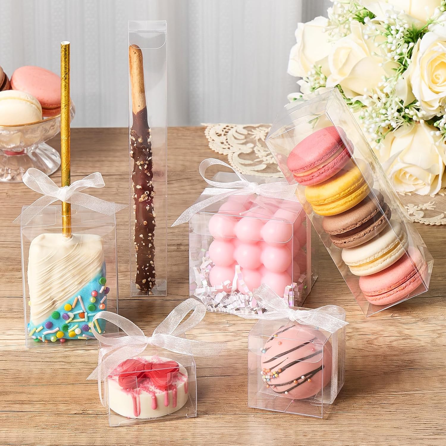 100 Pack Clear 2x2x2 Inch Favor Boxes with Ribbons