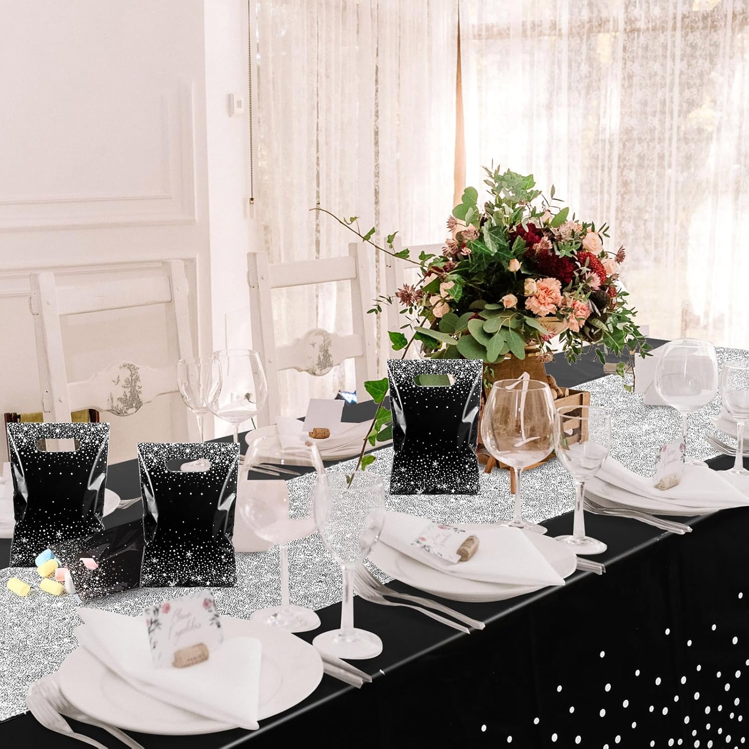Pasimy 50 Pcs Black and Silver Gift Bags with Handles for Parties