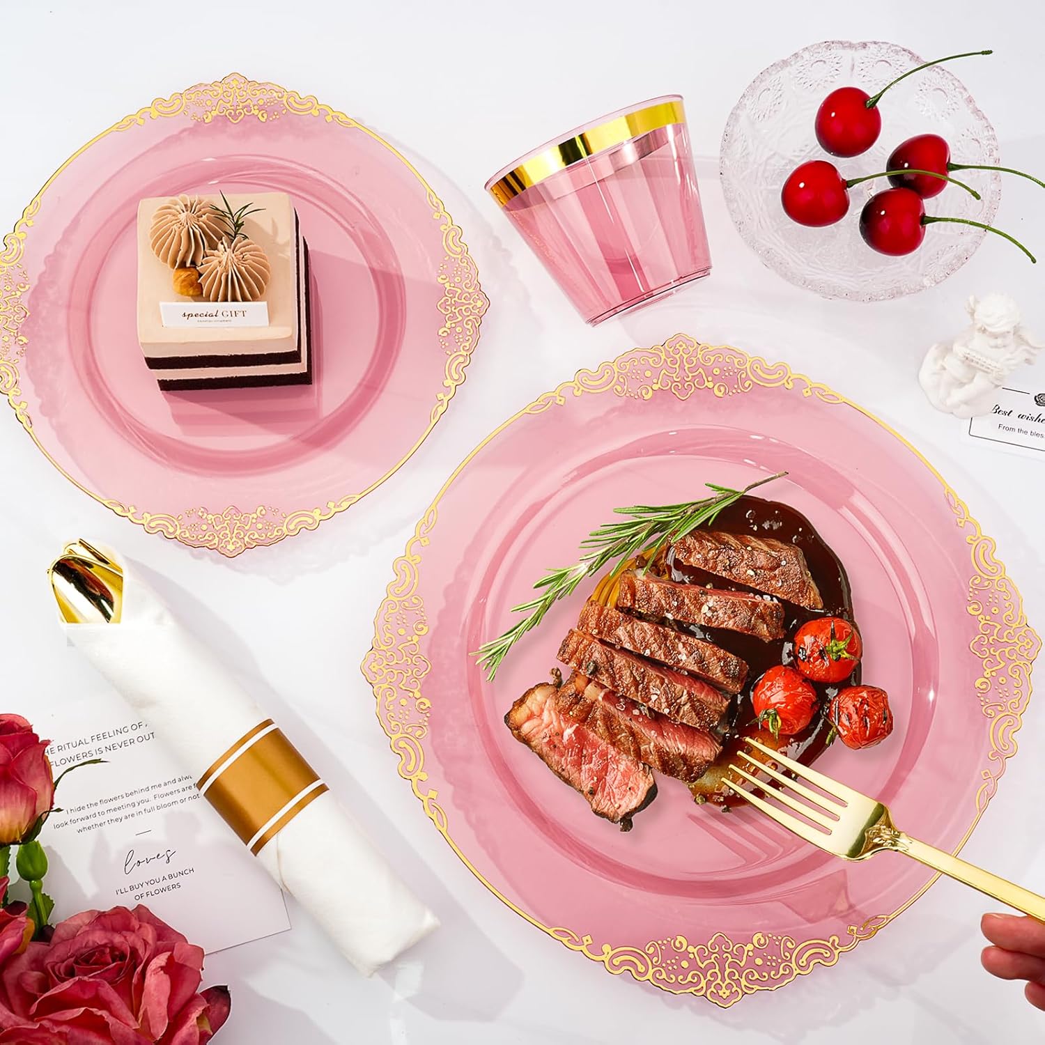 350 PCS Elegant Gold and Burgundy Plastic Dinnerware Set for 50 Guests