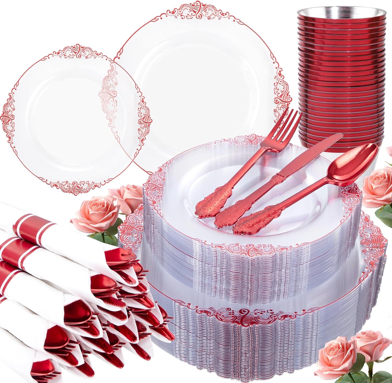 Hioasis 350pcs Clear Red Plates for 50 Guests