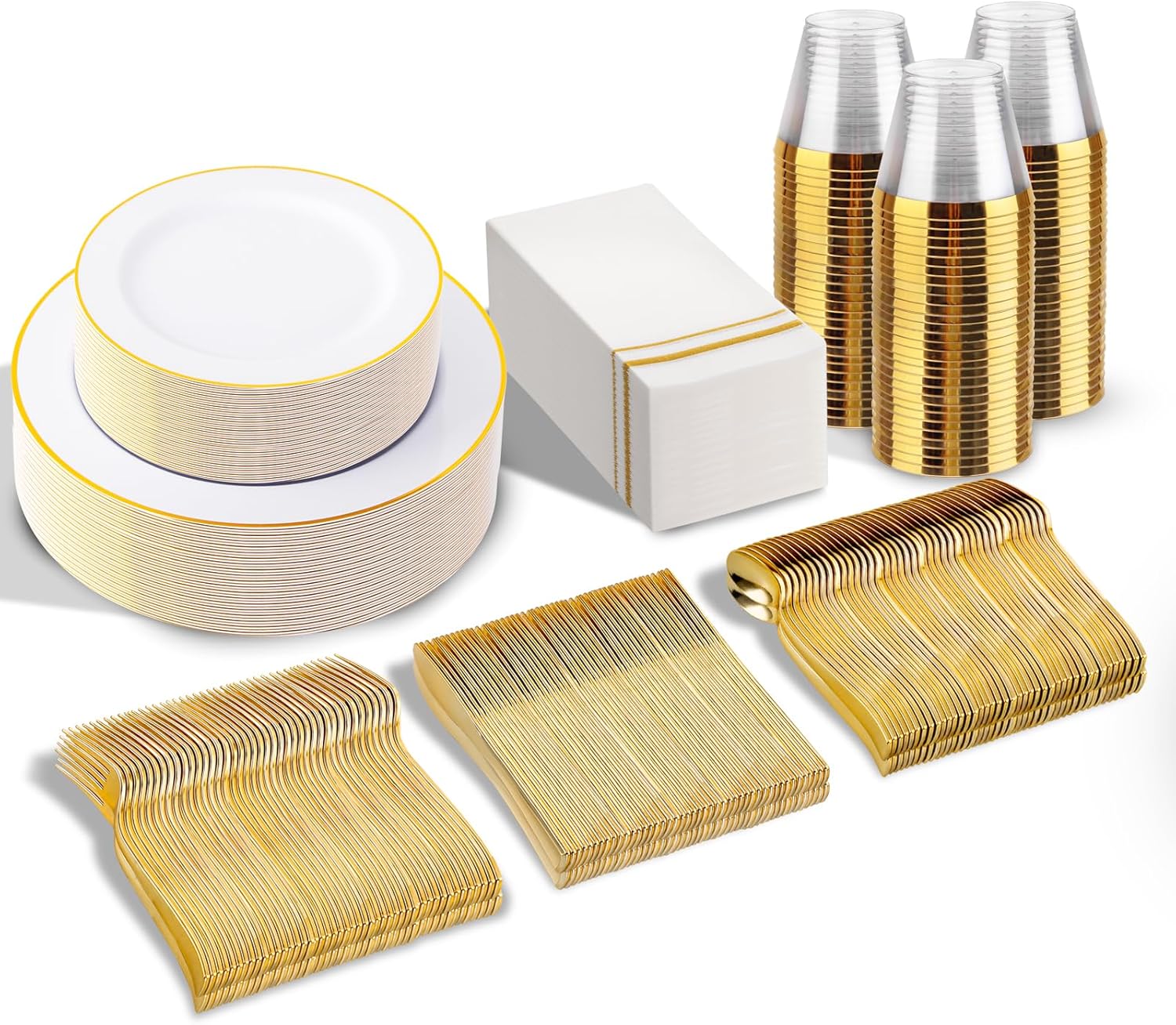 SUT 350 PCS White Gold Disposable Dinnerware Set for 50 Guests