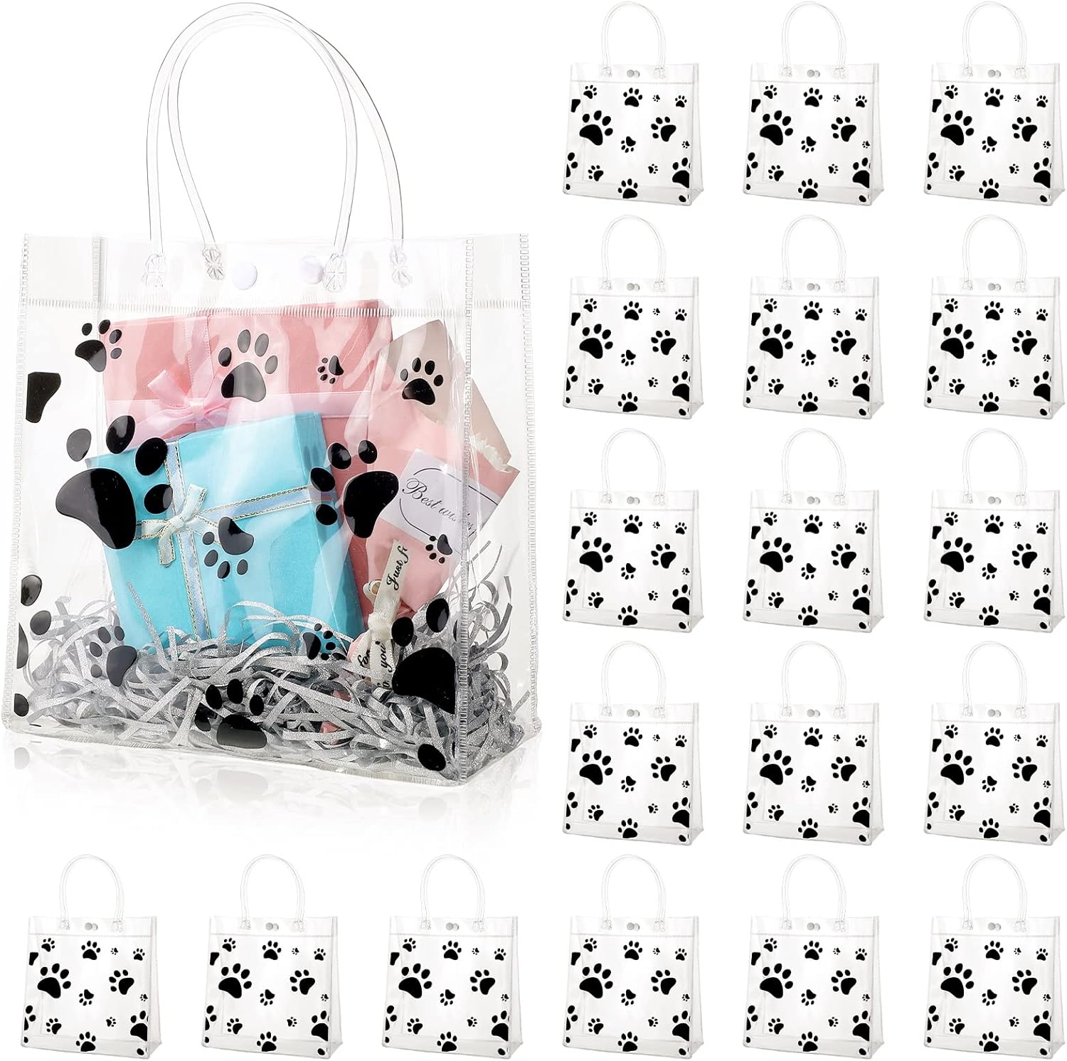 Teling 20-Pack Clear Dog Paw Gift Bags with Handles