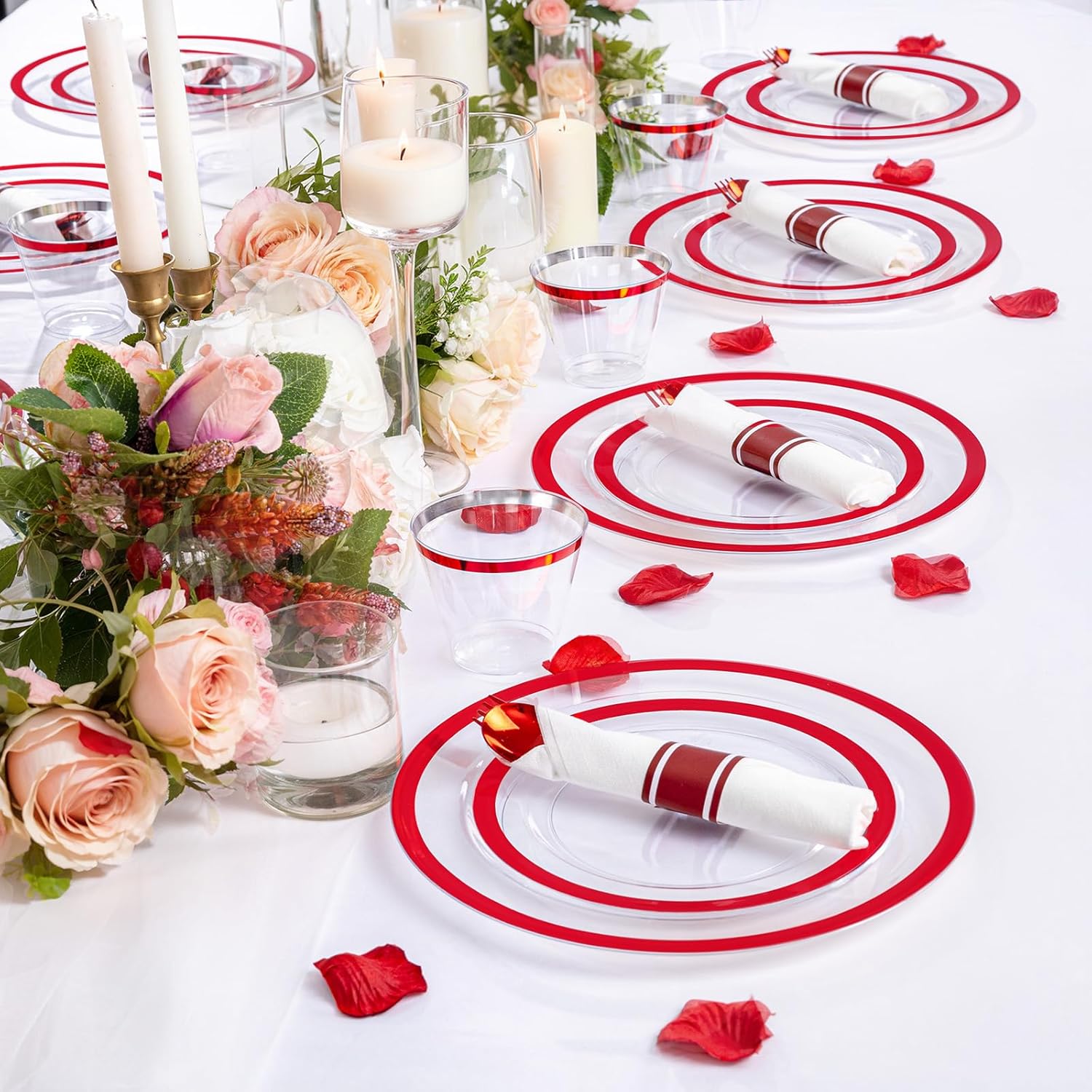 I00000 350 Pcs Clear Red Plastic Plates Set for Wedding Party