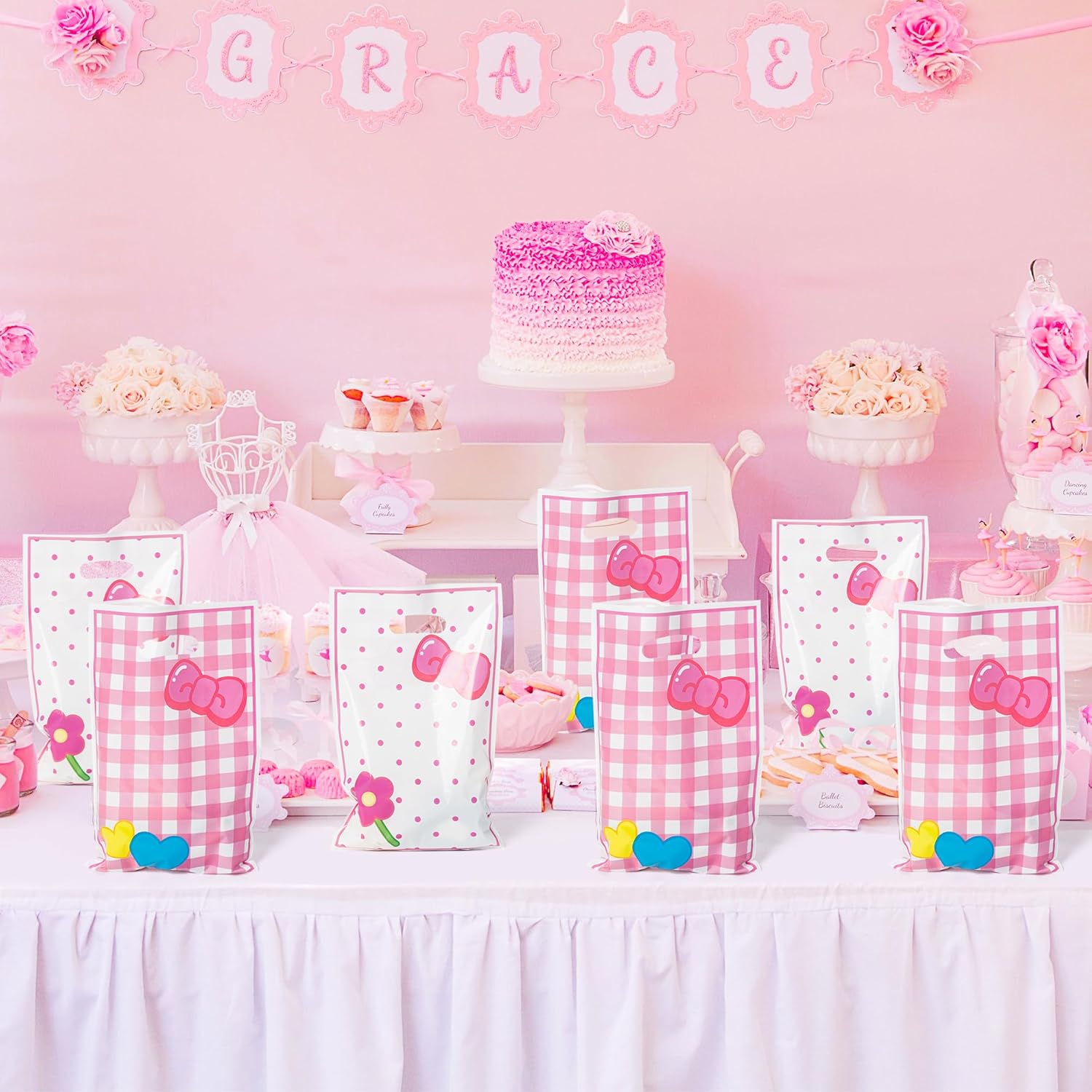 50Pcs Pink Cat Party Favor Bags with Handles