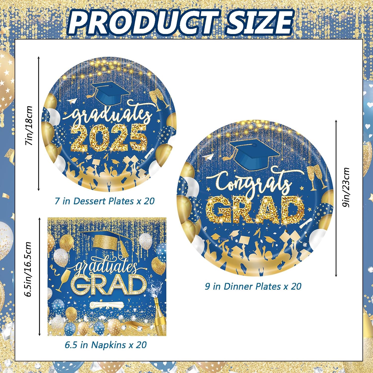 60 PCS Graduation Party Plates Napkins Decor Set Blue Gold