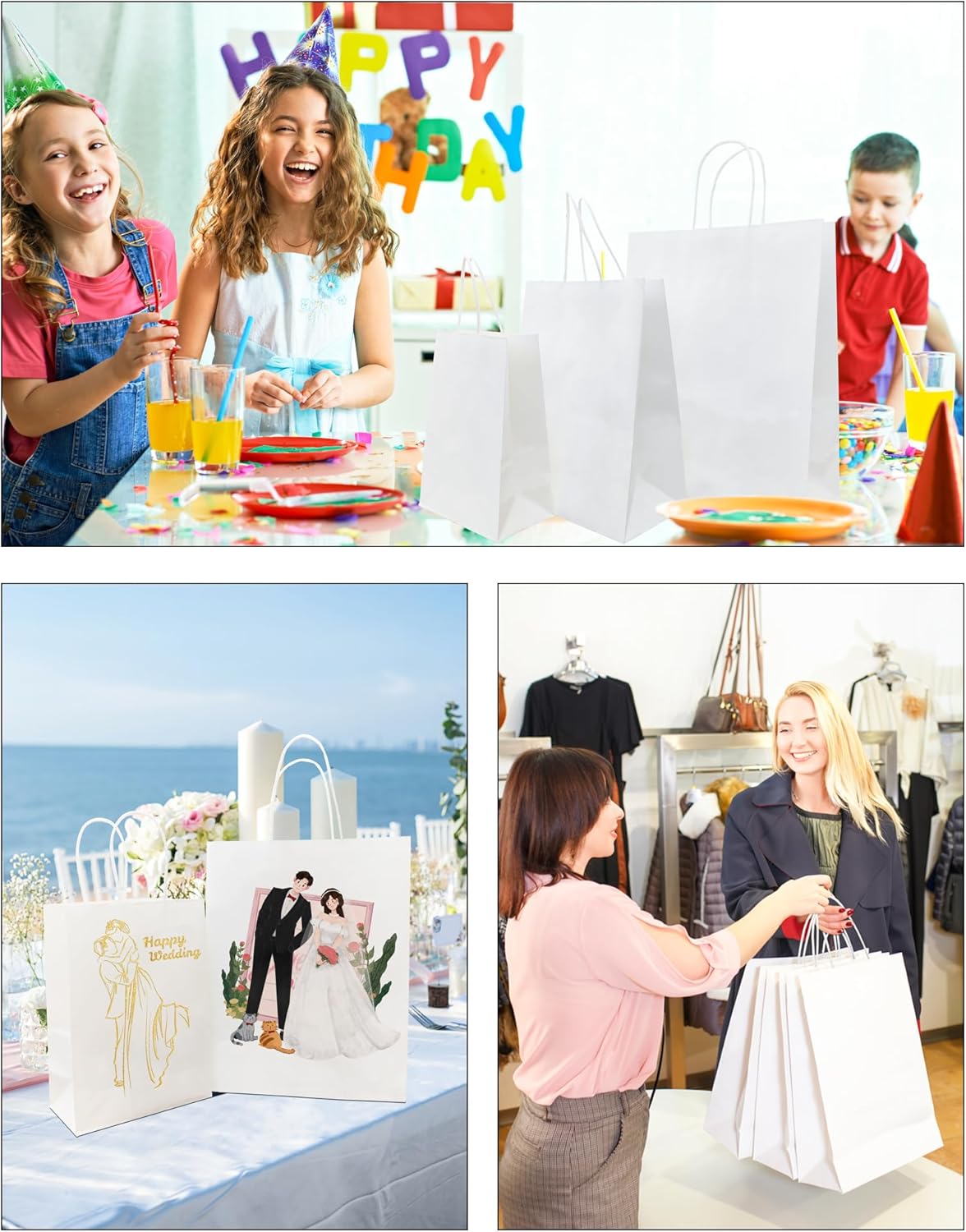 BAG BOX 100 Pack White Gift Bags with Handles