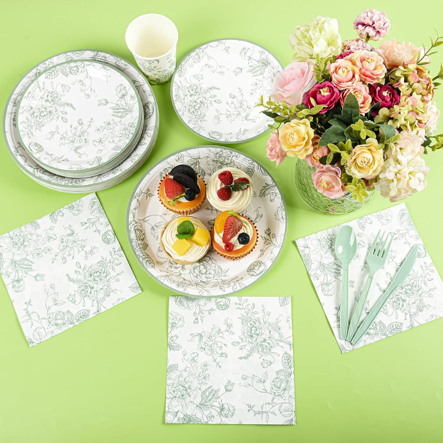 175Pcs Sage Green Floral Party Set Plates Napkins Cups Cutlery