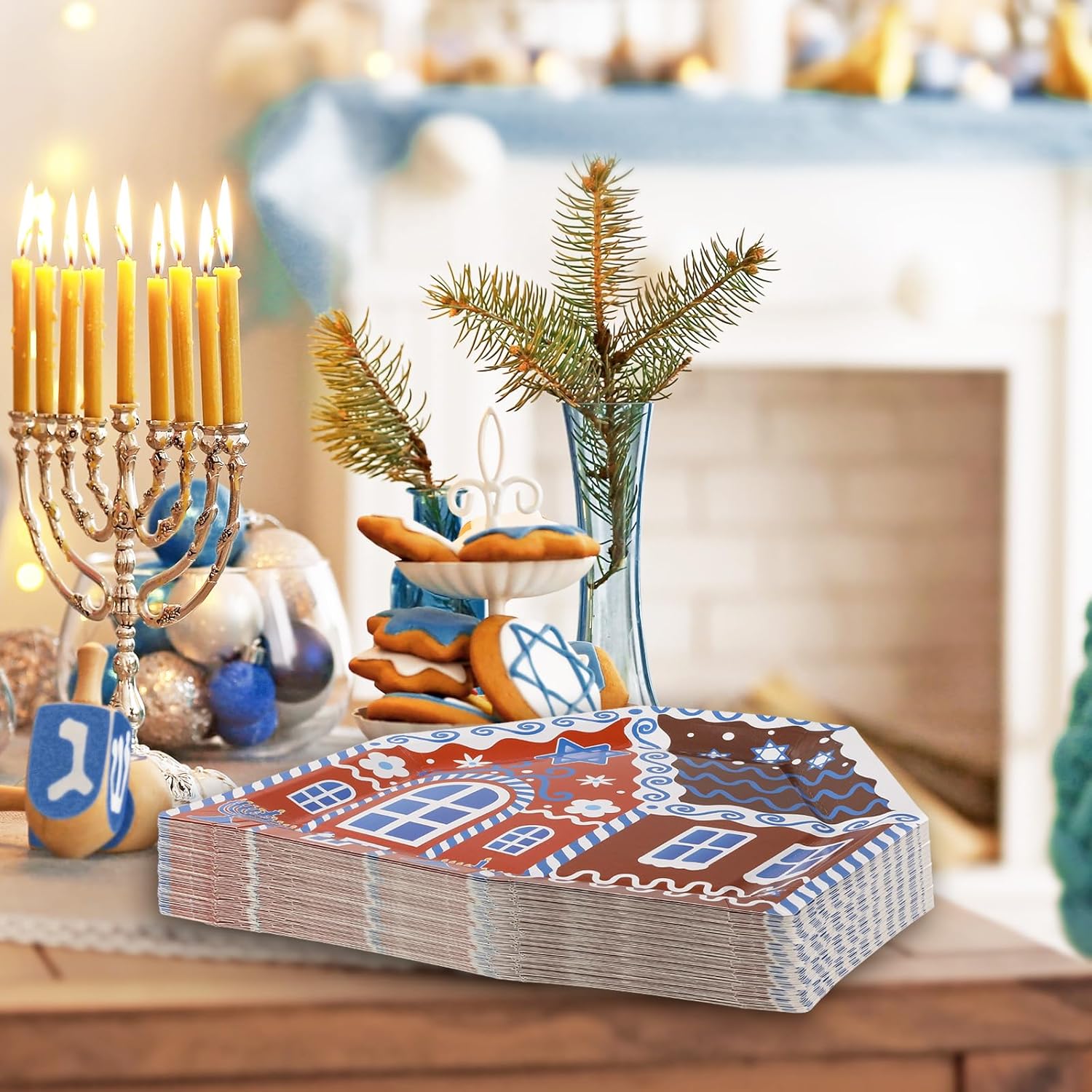 Whaline 24Pcs Hanukkah Paper Plates with Gingerbread House Design