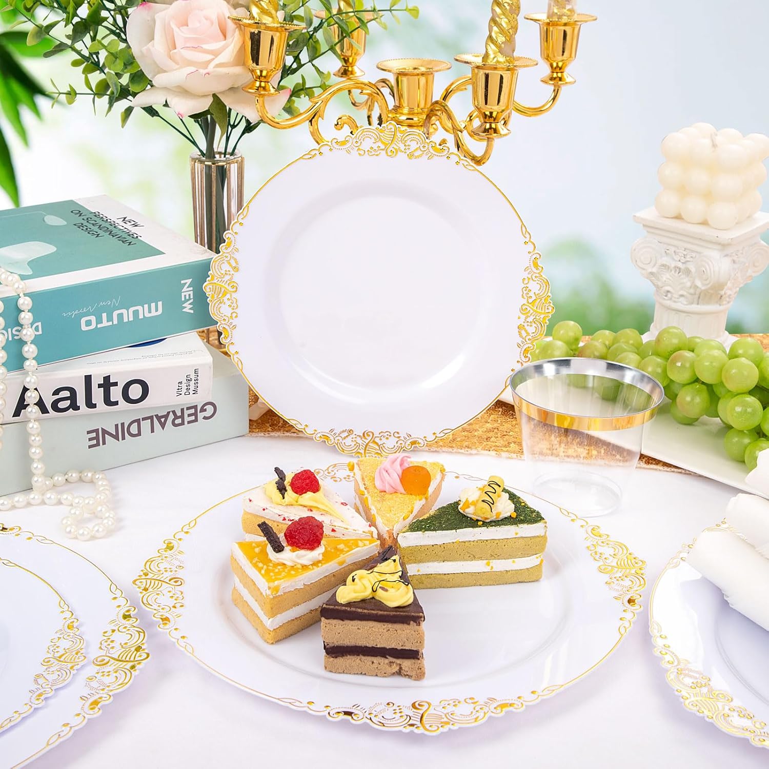 Nervure 175PCS Gold Plastic Plates for 25 Guests Wedding Party Supplies