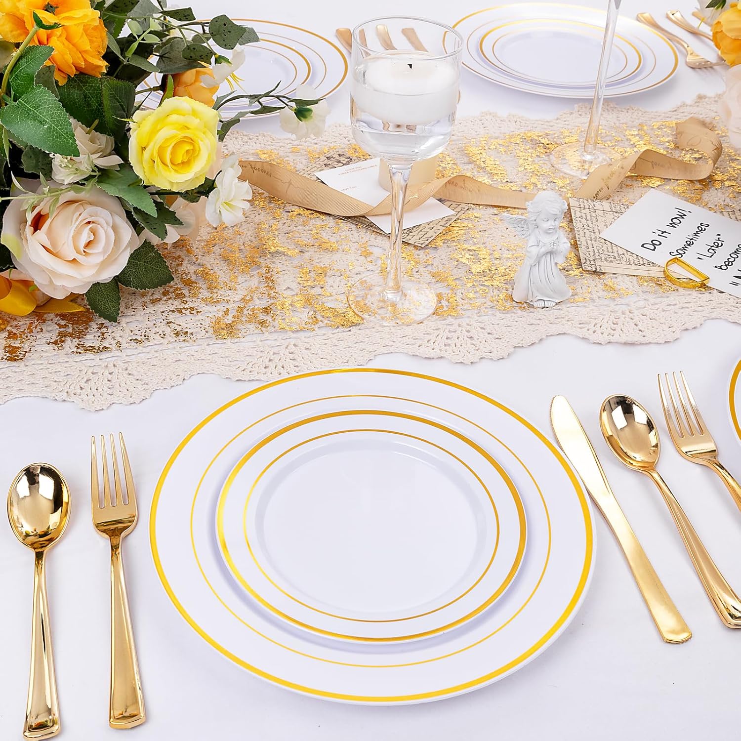 600 Pcs Gold Plastic Plates and Utensils for 100 Guests