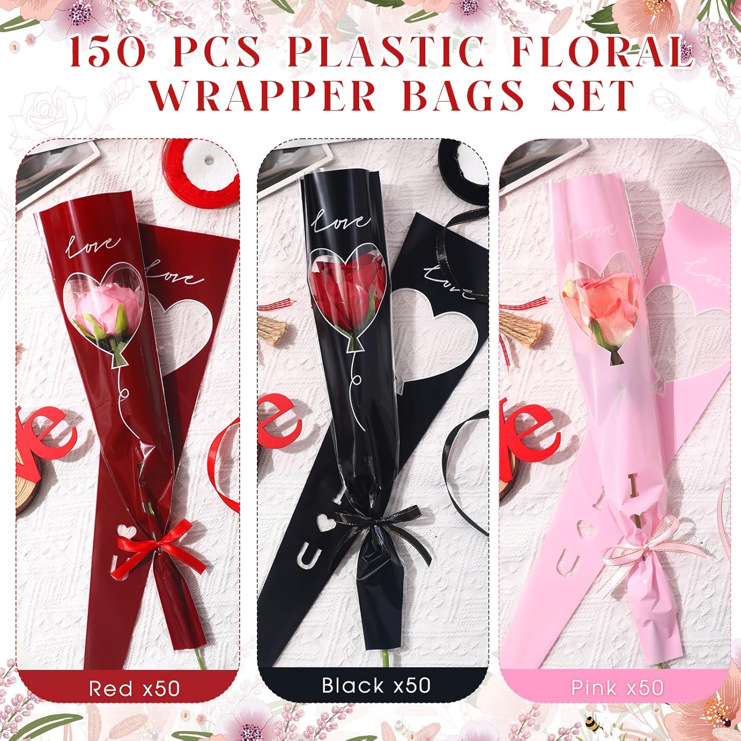 Jutom 300 Pcs Graduation Single Rose Flower Wrap Bags with 3 Polyester Ribbon
